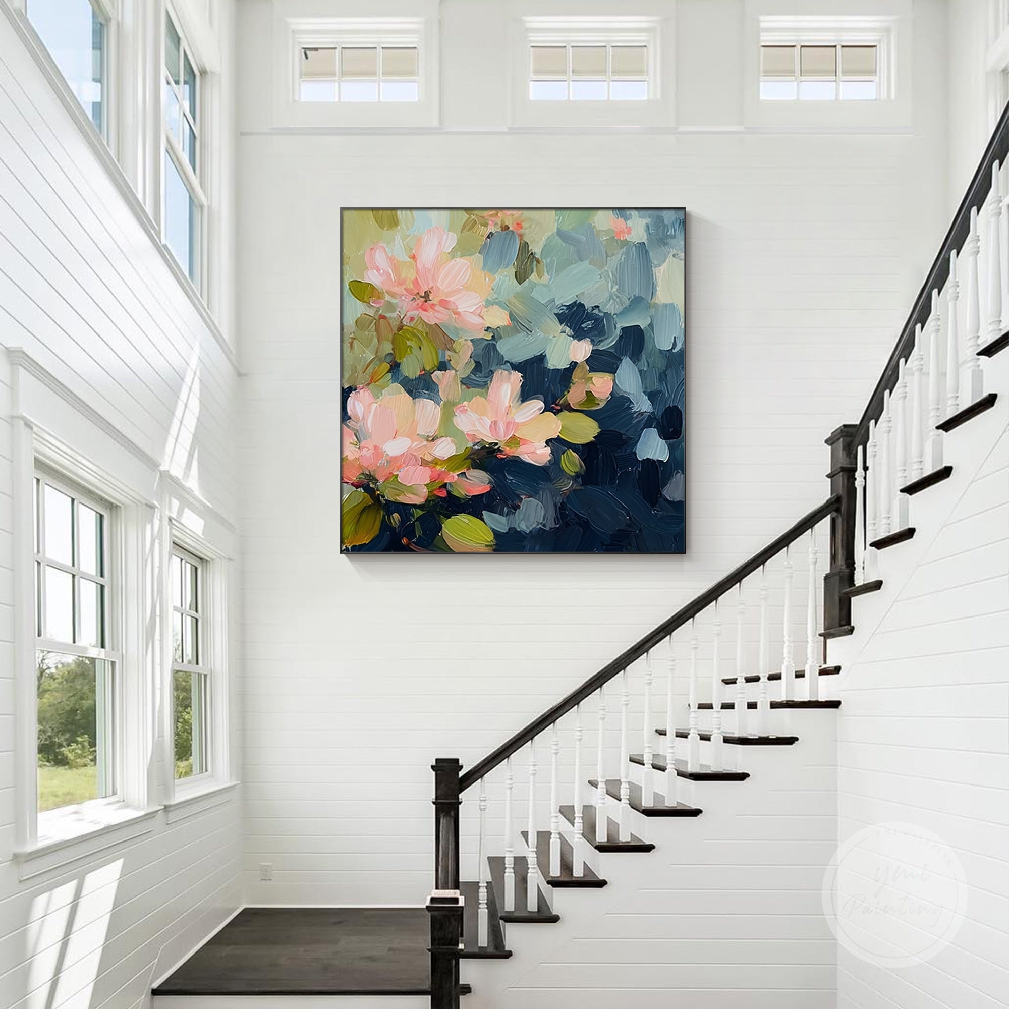 Beautiful navy and pink floral canvas art with vibrant colors, adding elegance to any room.