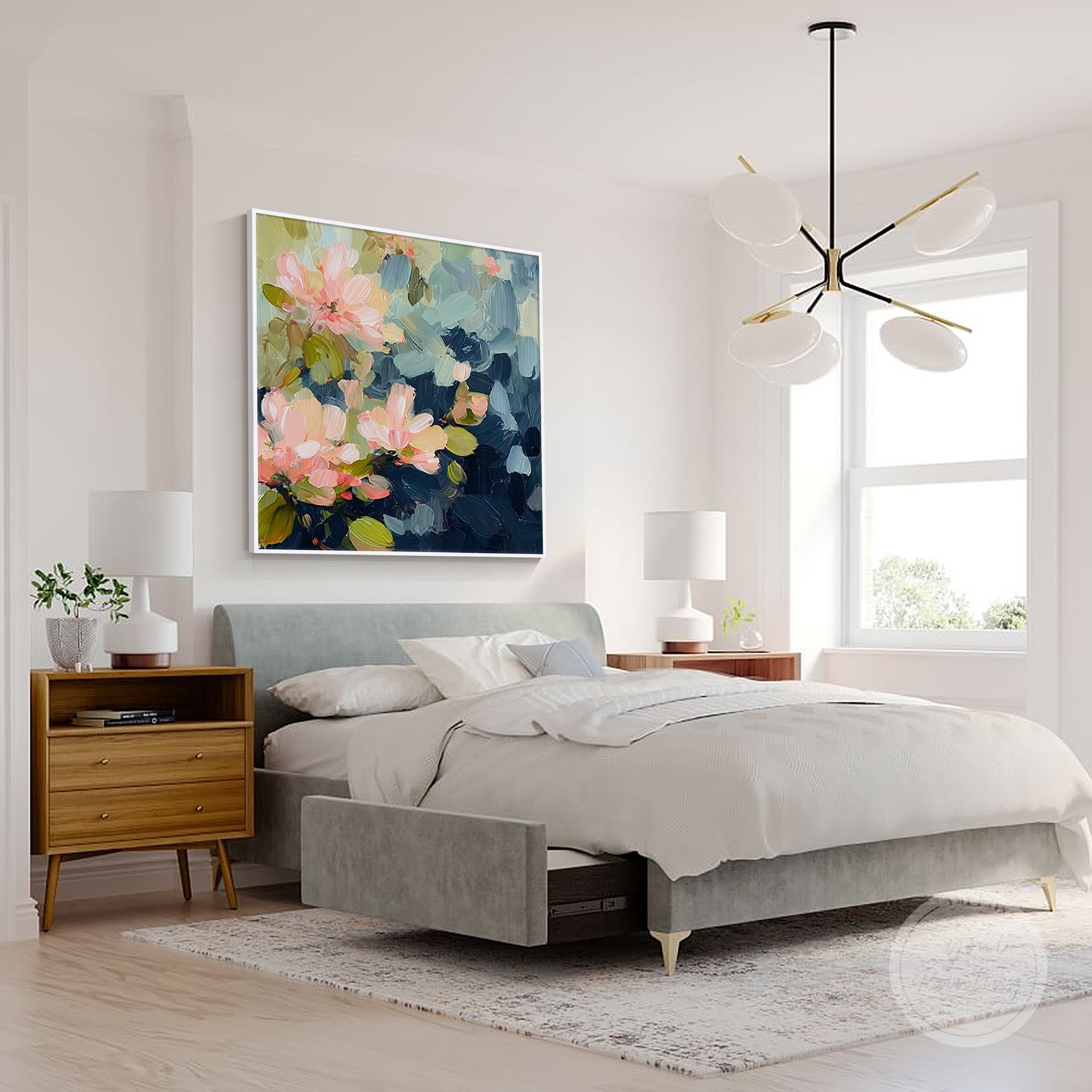 Square floral wall art in navy and pink, a perfect addition to bedroom decor.