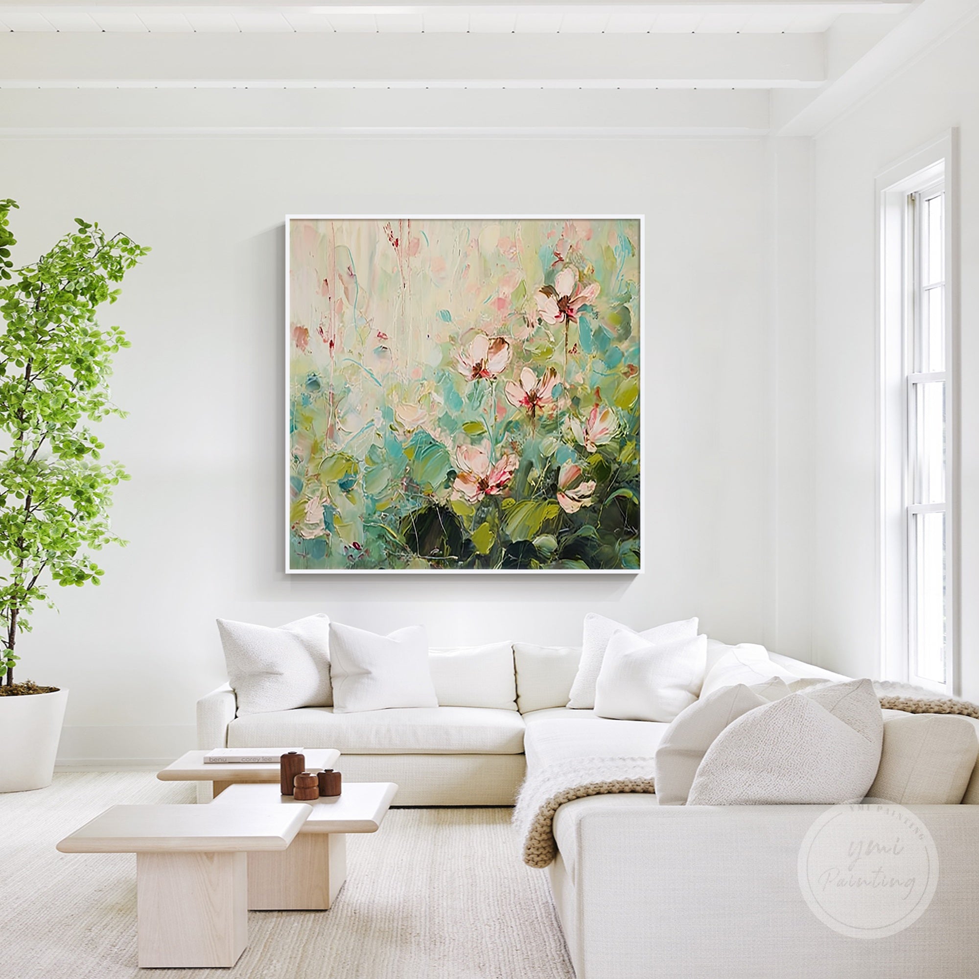 Original floral painting on canvas, featuring abstract flower design in pink and green.