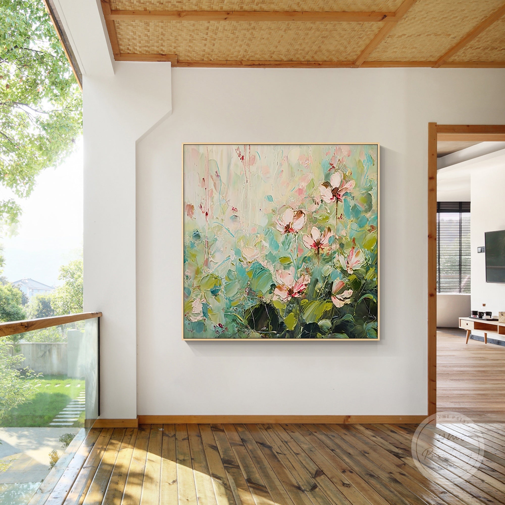 Vibrant abstract floral painting in pink and green, ideal for modern interiors.