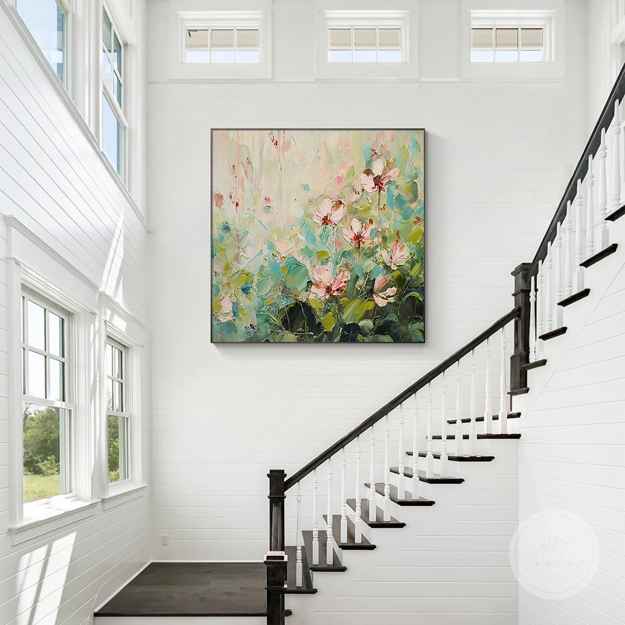 Handcrafted pink and green floral canvas art, bringing life and energy to your walls.