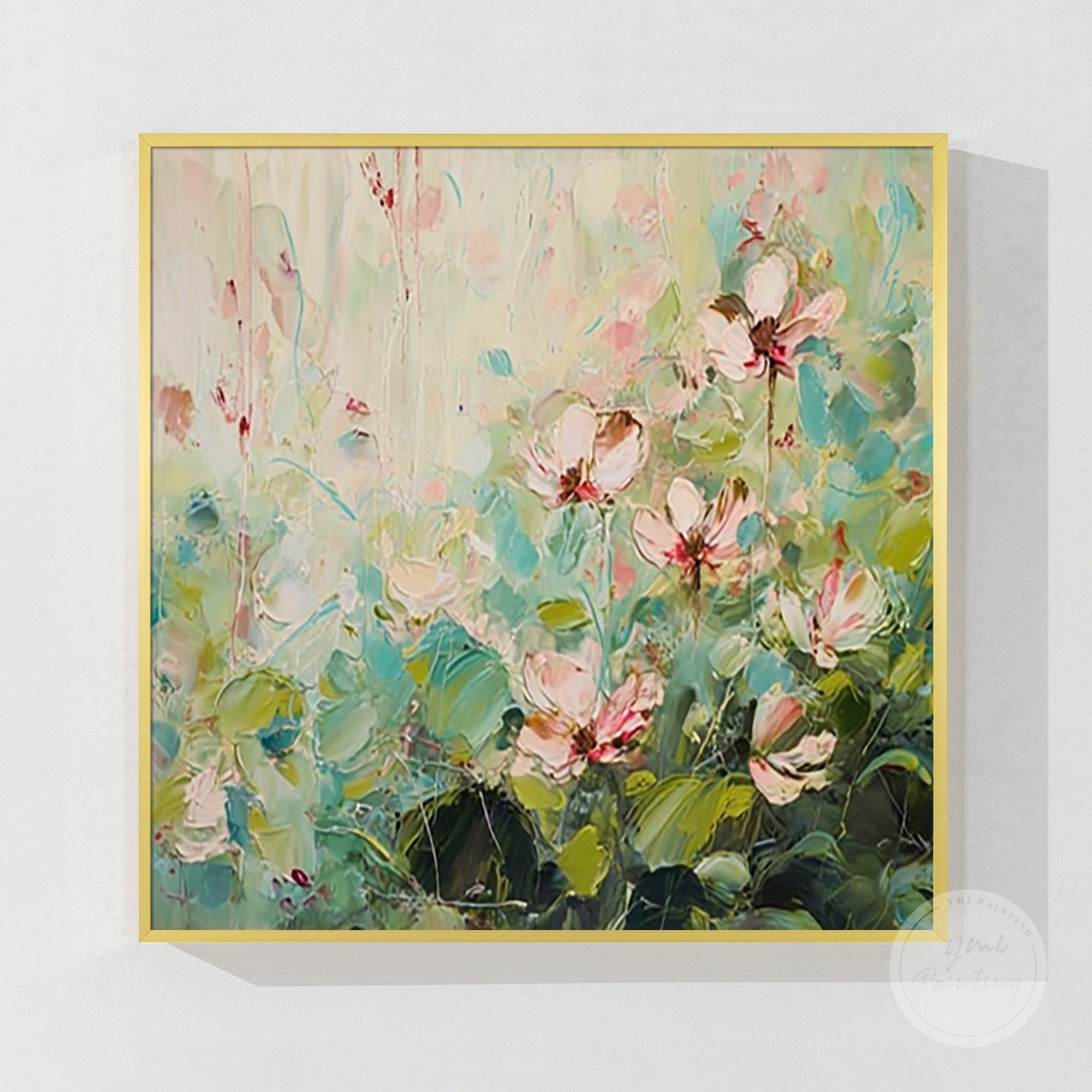 Pink and green flower art painting, perfect for contemporary living room decor.