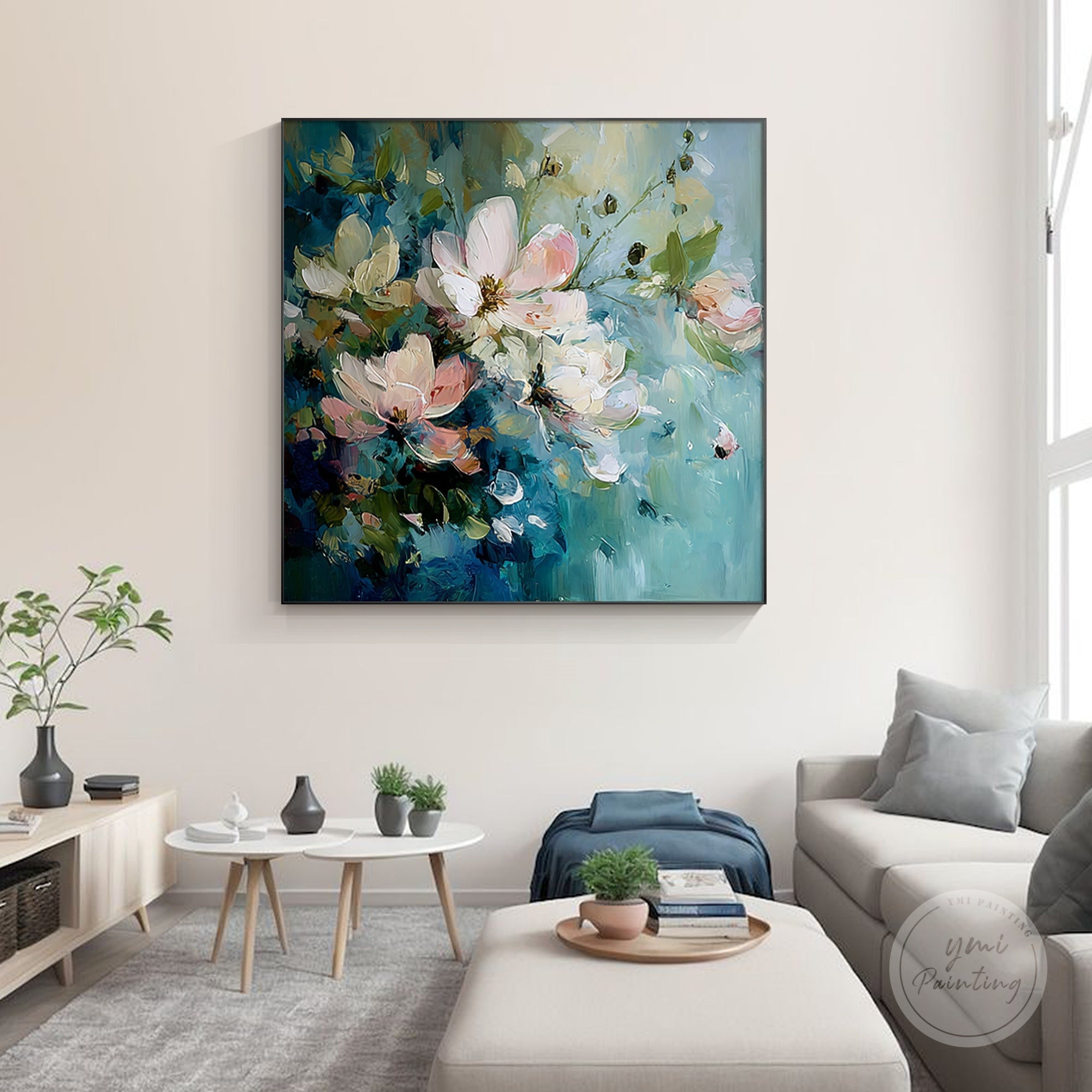 Handcrafted large floral art with vibrant blue and pink tones, perfect for living room decor.