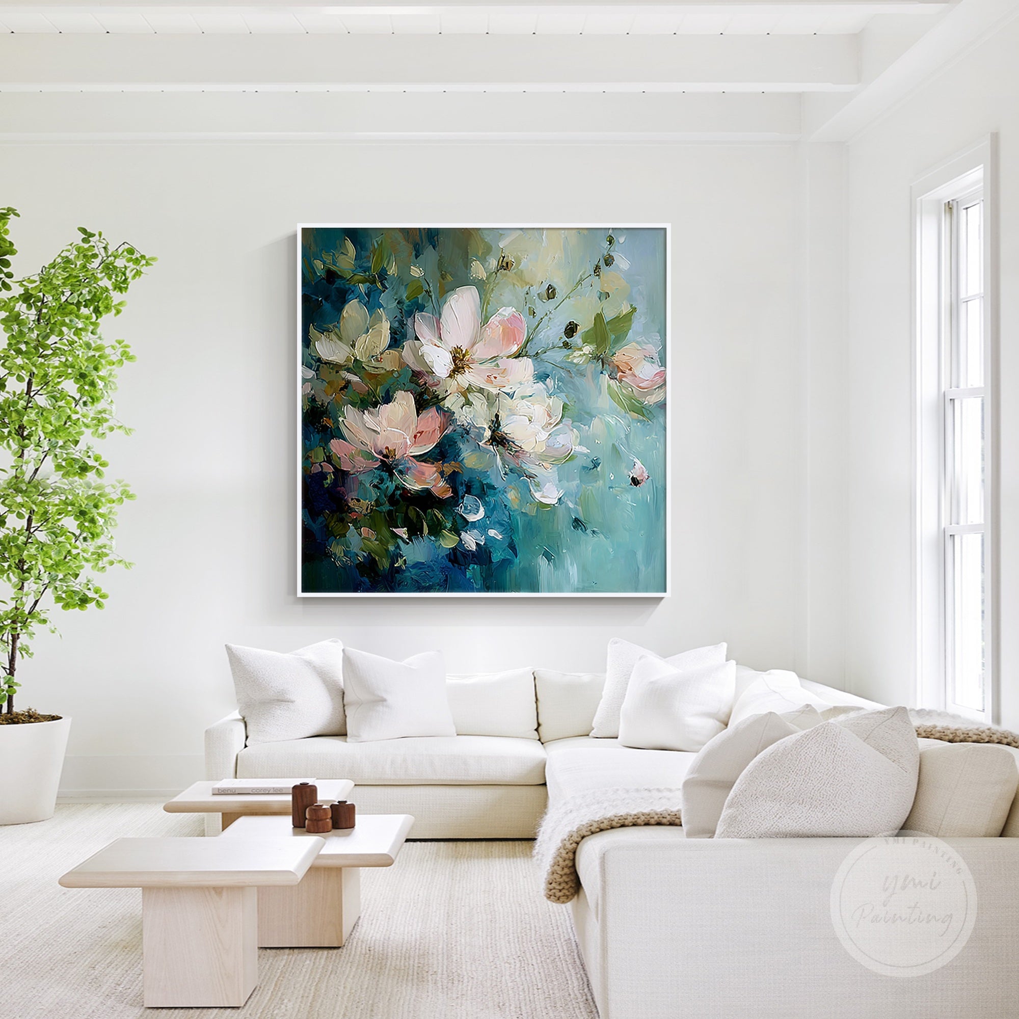 Stunning floral canvas art in blue and pink, creating a bold statement for any wall.