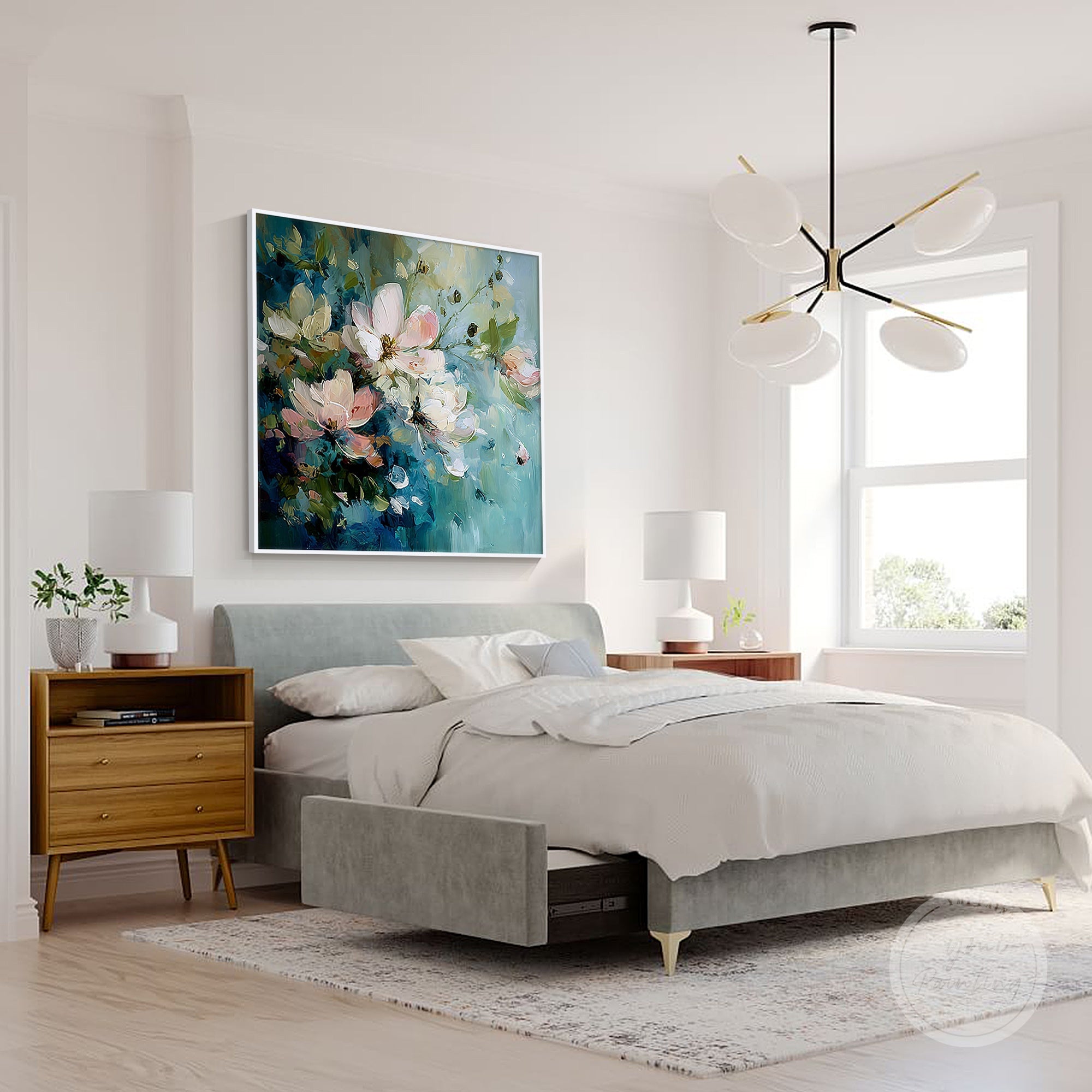 Hand-painted blue and pink floral painting, with intricate details and bold colors.