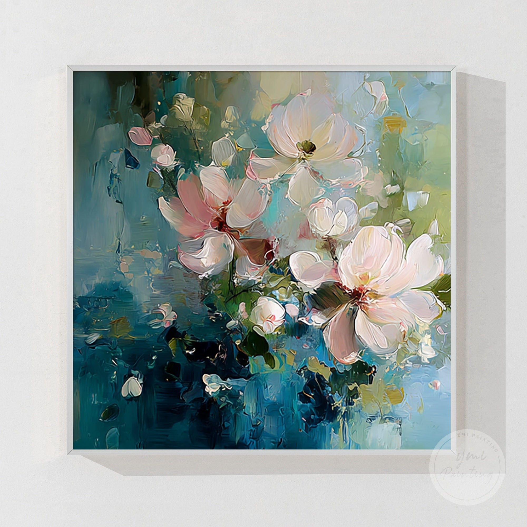 Blue and pink flower painting, large canvas art designed to make a statement.