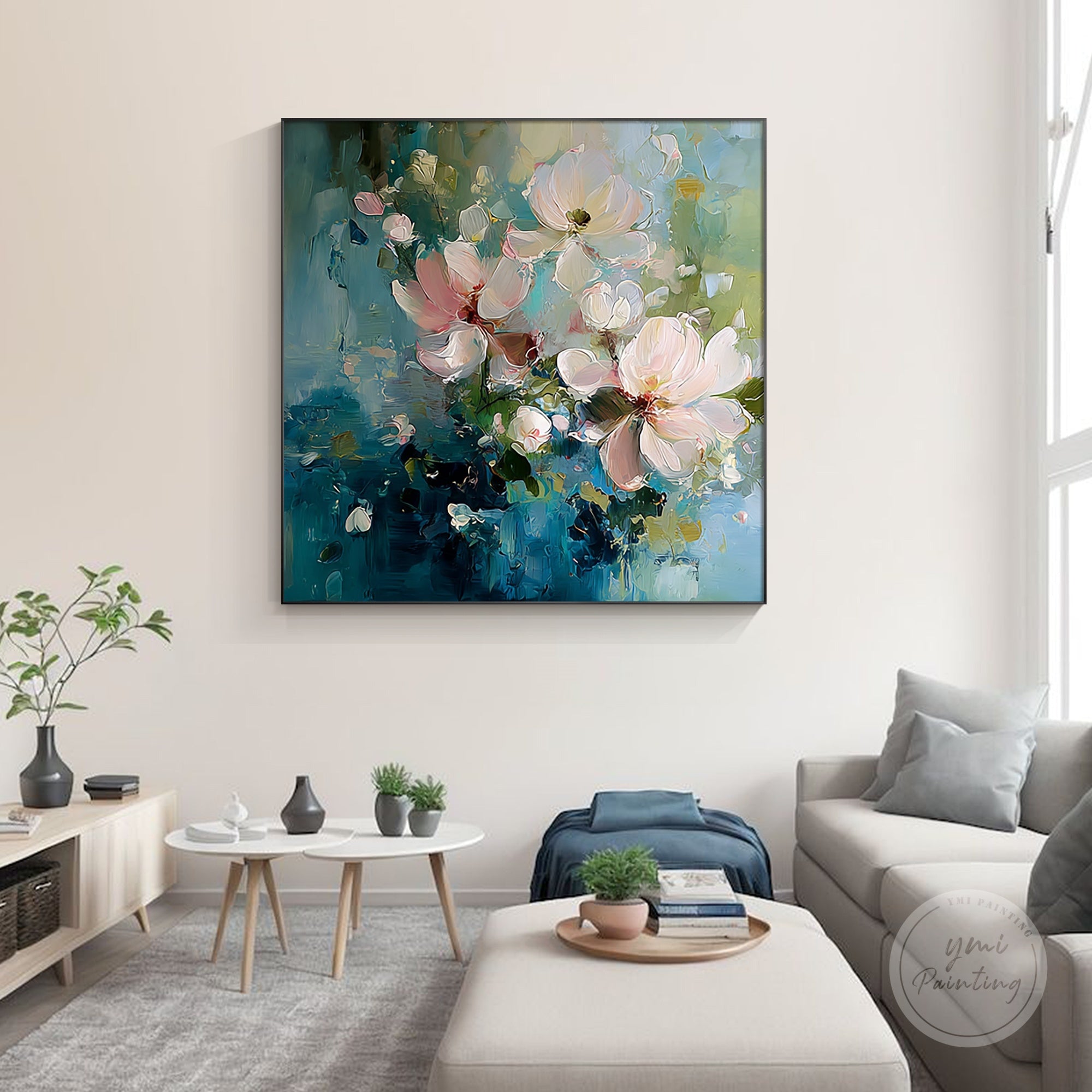 Handcrafted large floral art with vibrant blue and pink tones, ideal for living room decor.