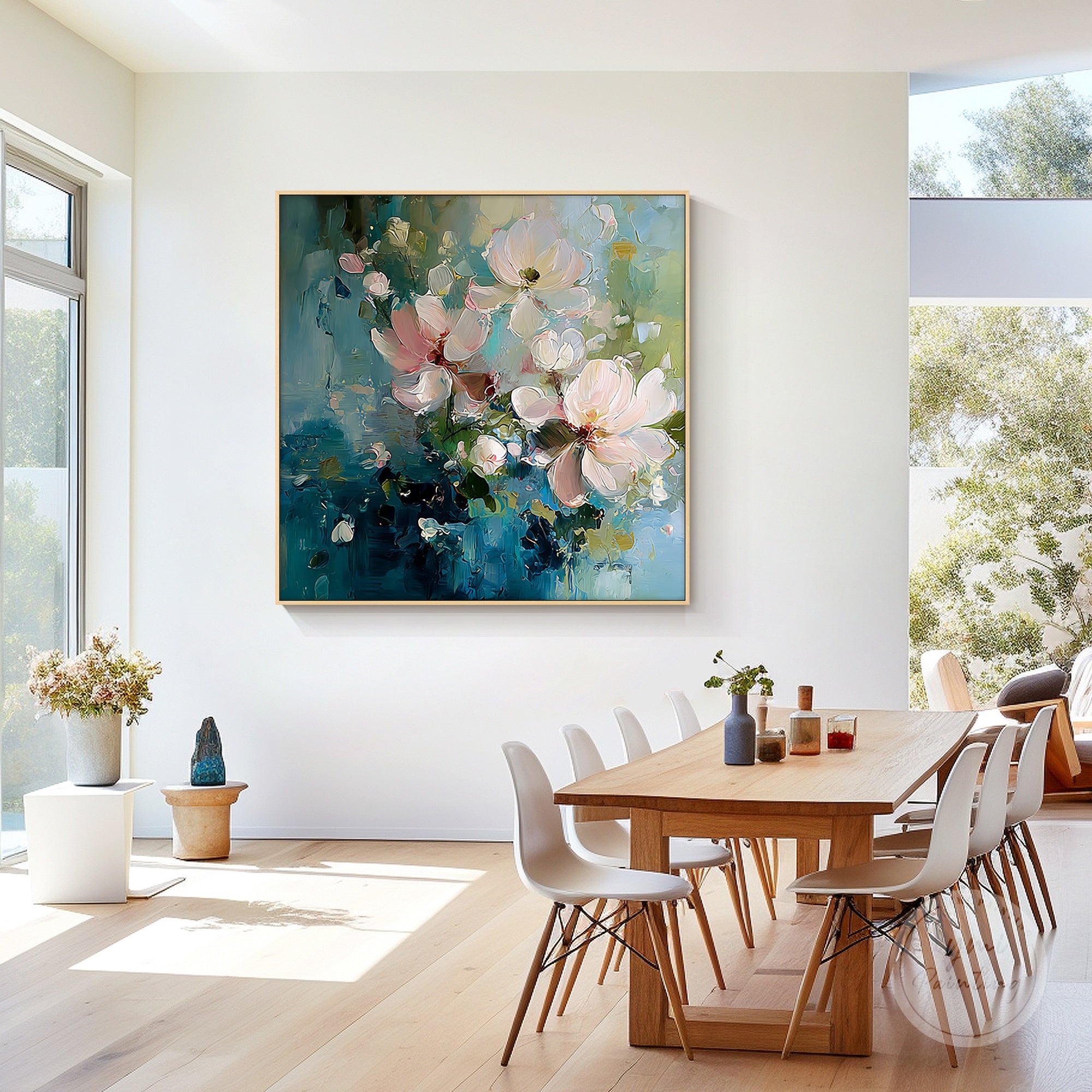 Hand-painted floral painting with intricate blue and pink tones, bringing life to your home.
