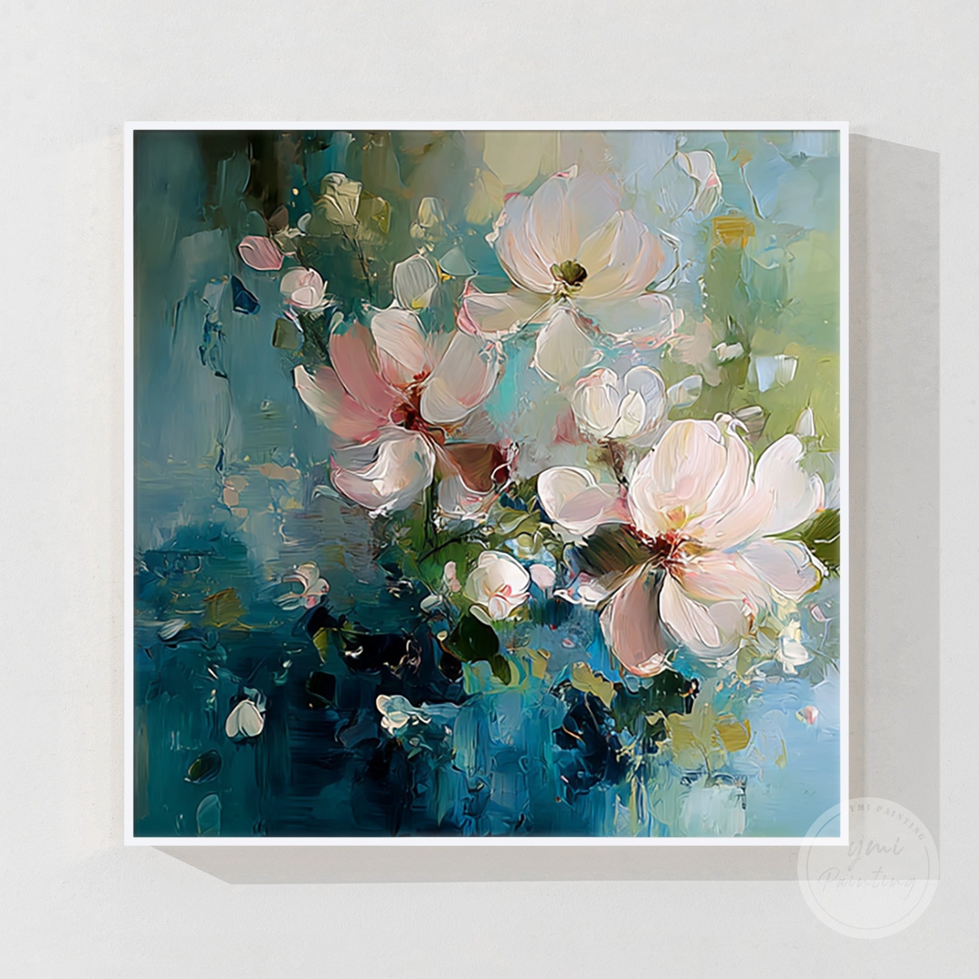 Vibrant floral artwork in blue and pink, ideal for adding a fresh touch to any space.
