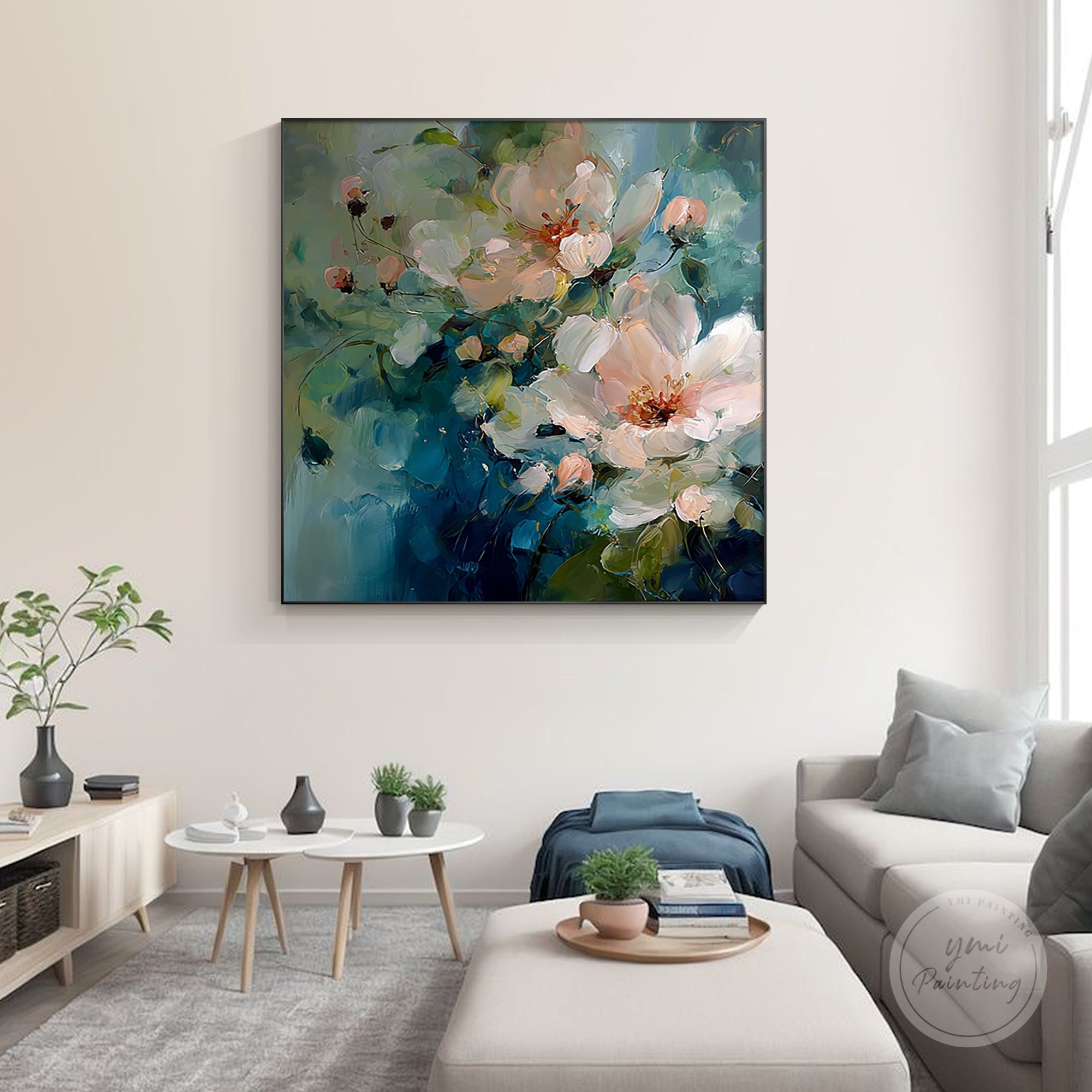 Hand-painted abstract floral art in blue and green, perfect for modern home decor.