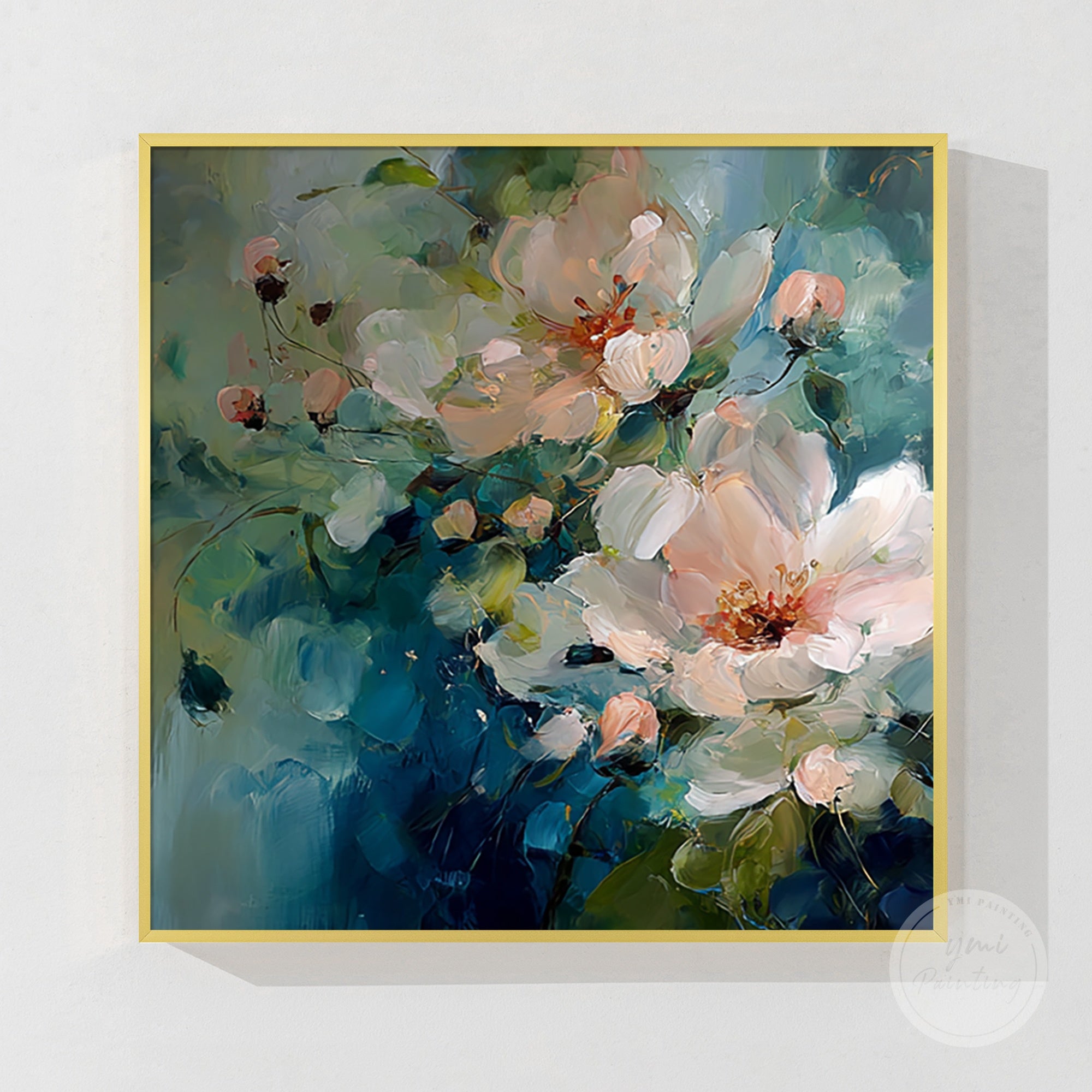 Original floral painting in blue and green, ideal for adding a contemporary touch to any room.