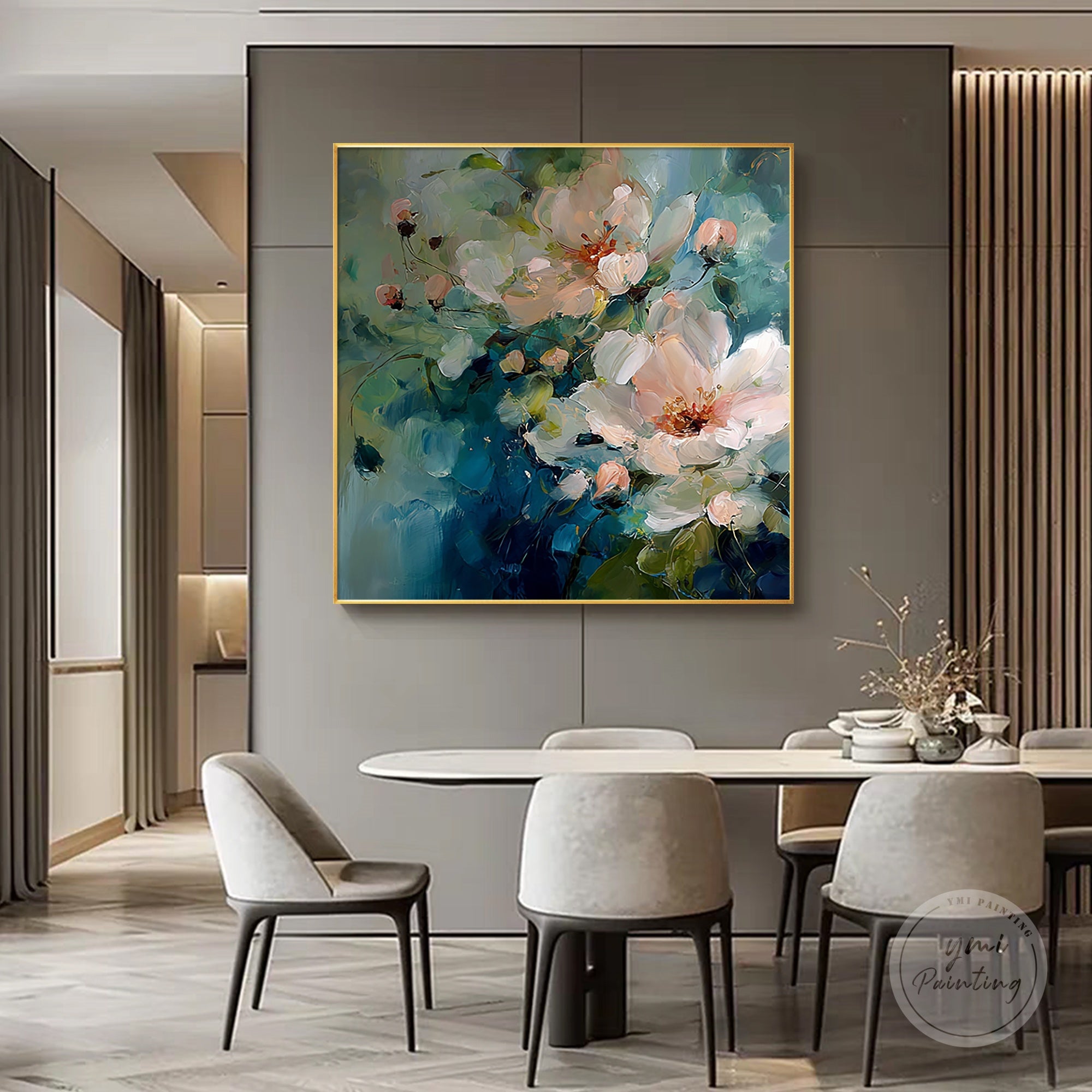 Huge Blue Green Flower Art | Abstract Floral Canvas Painting
