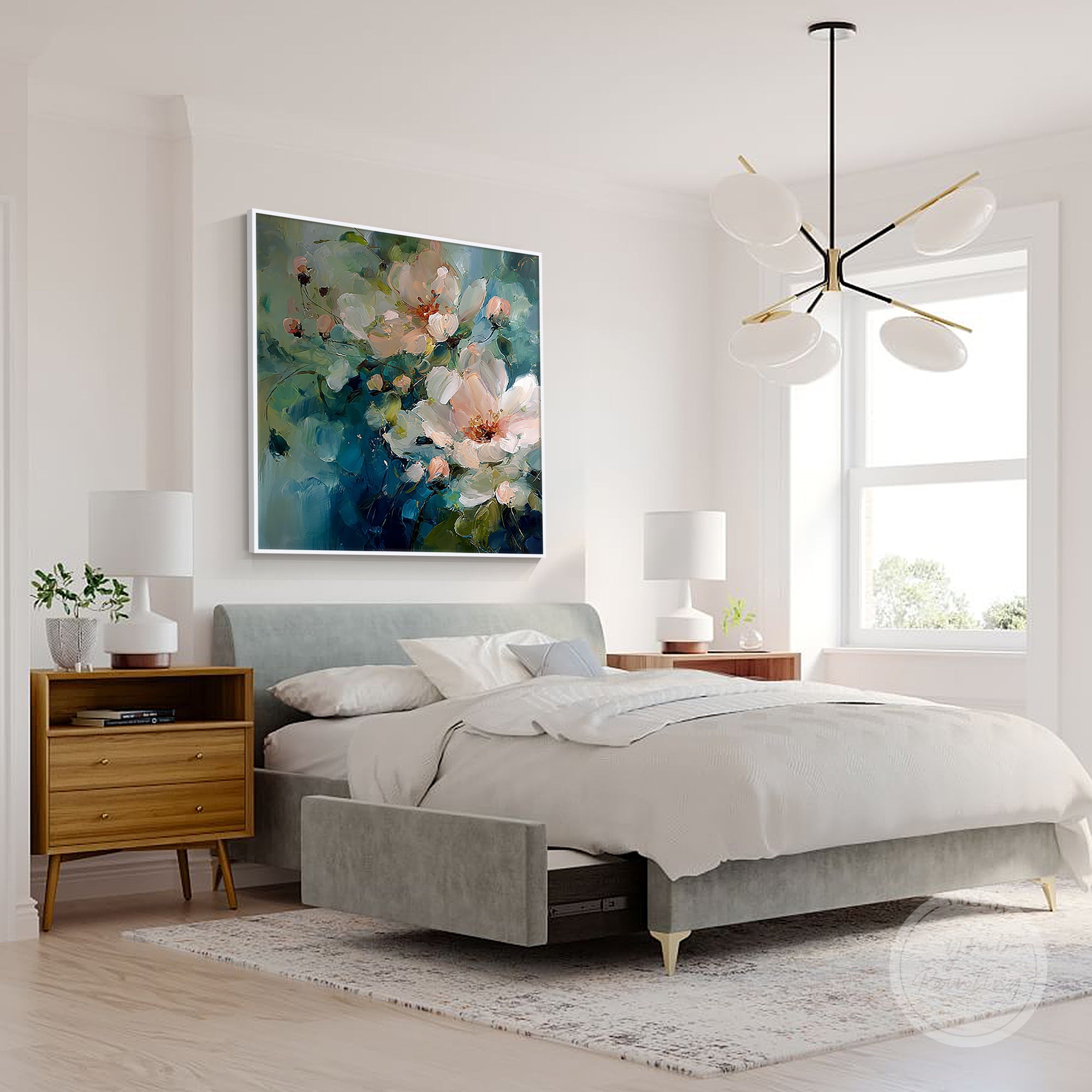 Vibrant blue and green flower art, large canvas painting with abstract floral design.