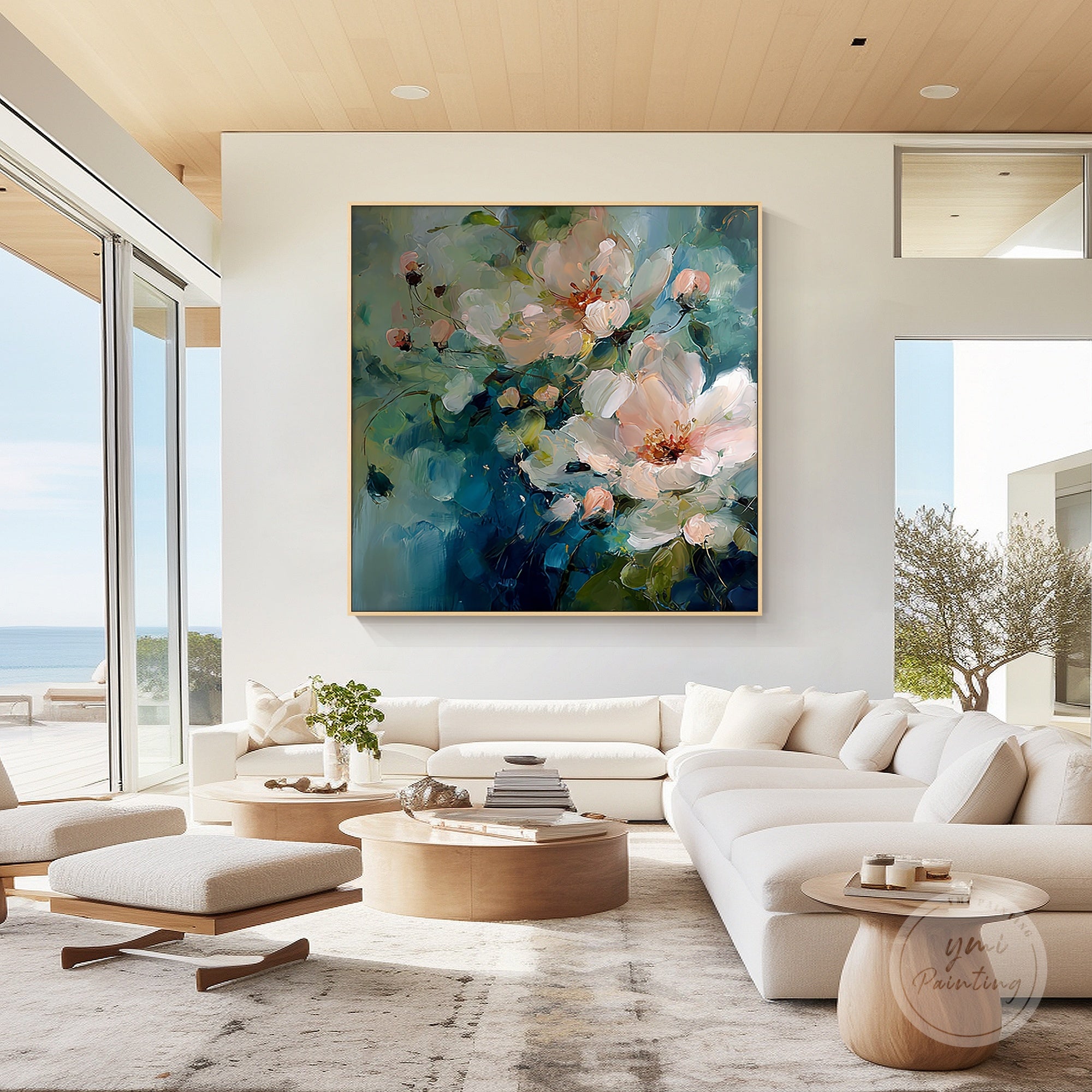 Huge original abstract flower painting in blue and green tones, adding elegance to your space.