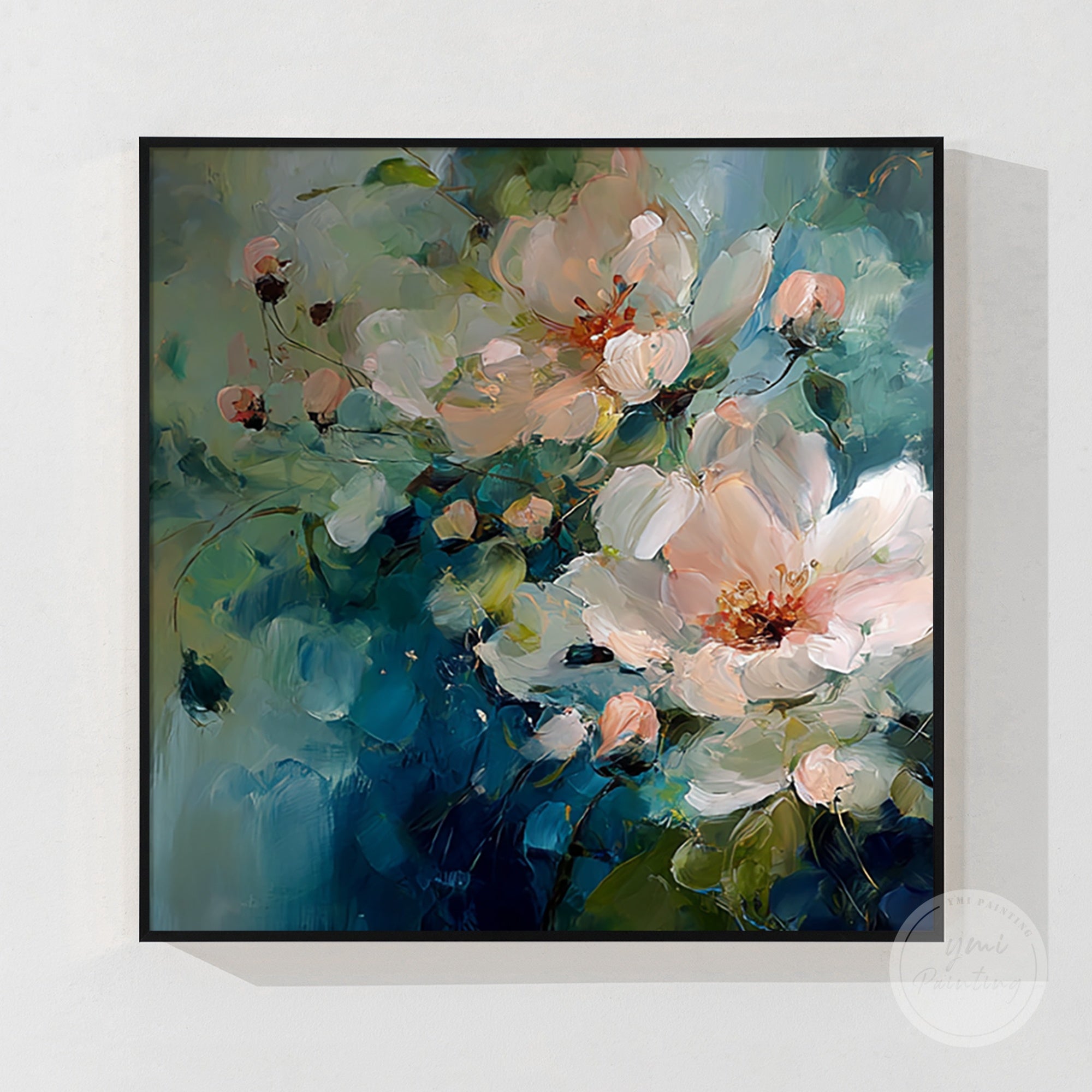 Large-scale blue and green flower painting, designed to create a stunning statement piece.