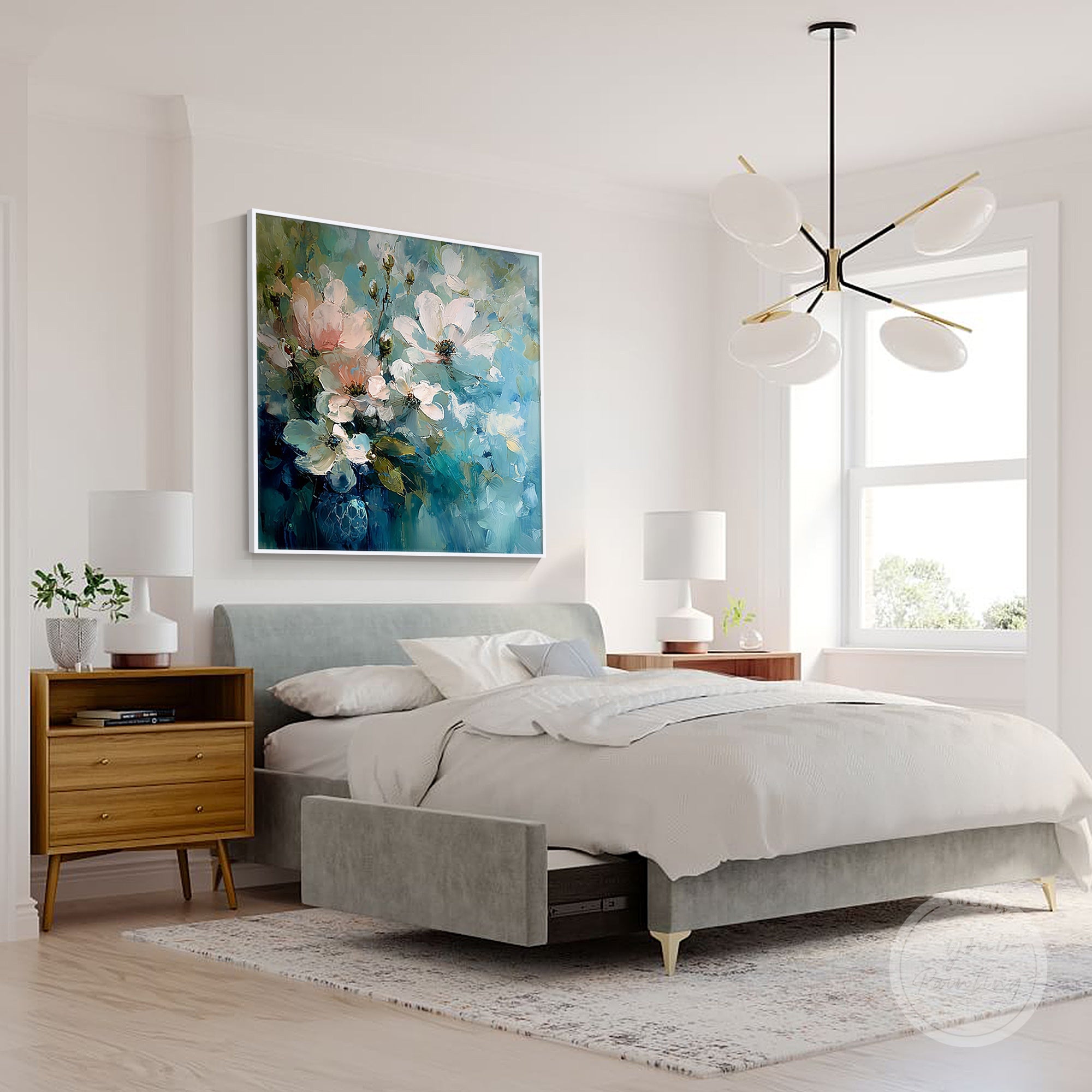 Vibrant floral artwork, designed for bedroom or living room walls, bringing nature indoors.