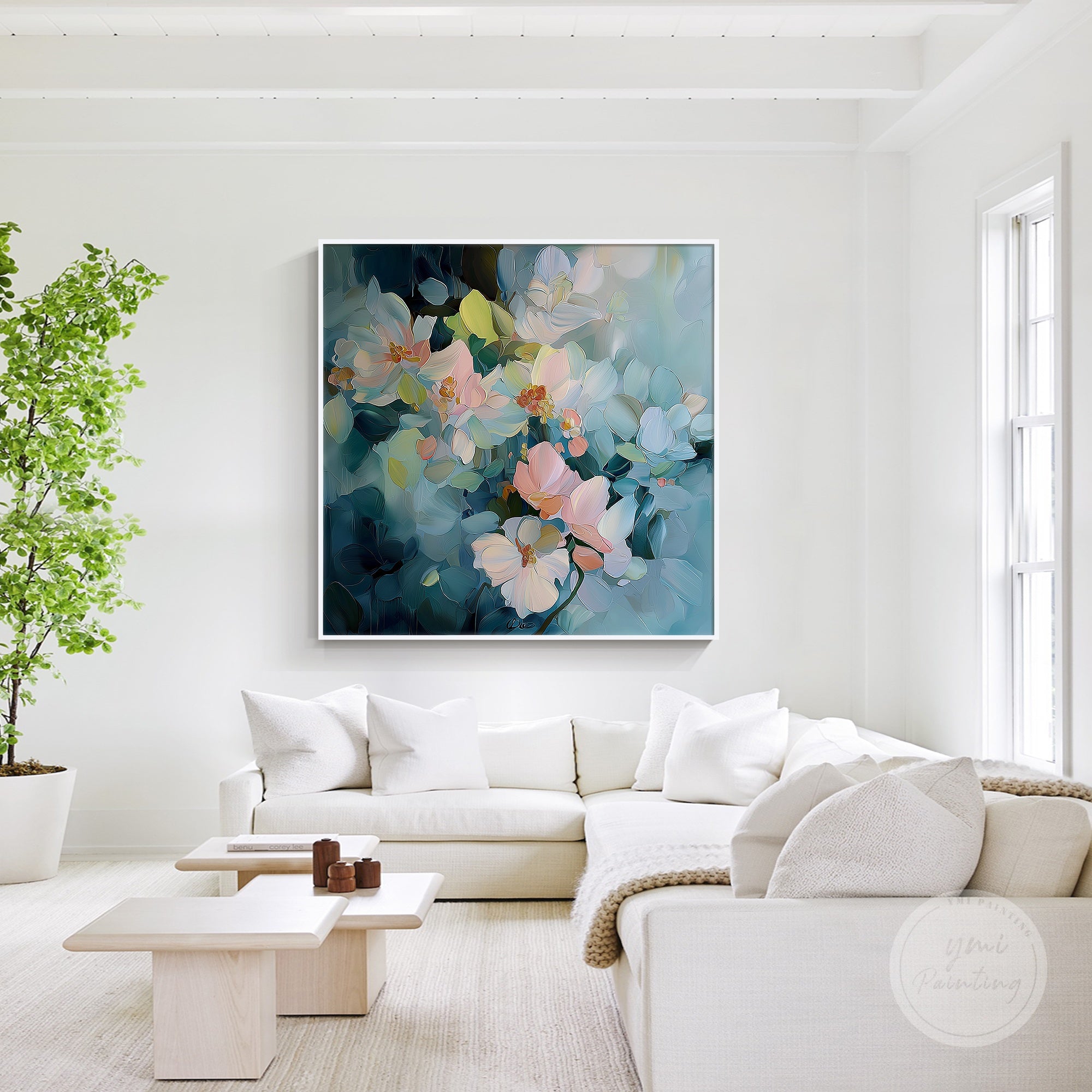 Large square floral wall art with delicate blue and pink hues, perfect for bedroom walls.