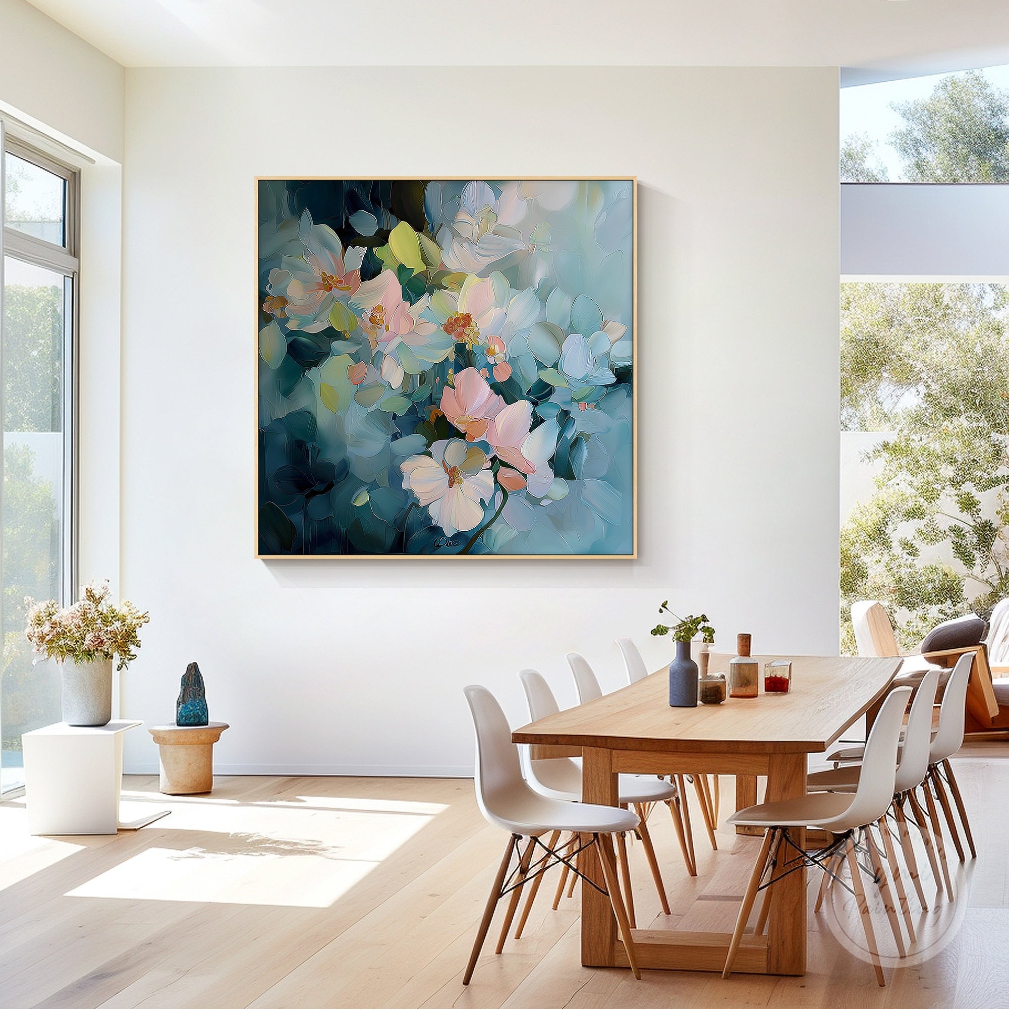 Vibrant blue-pink floral artwork designed to bring elegance and tranquility to your space.