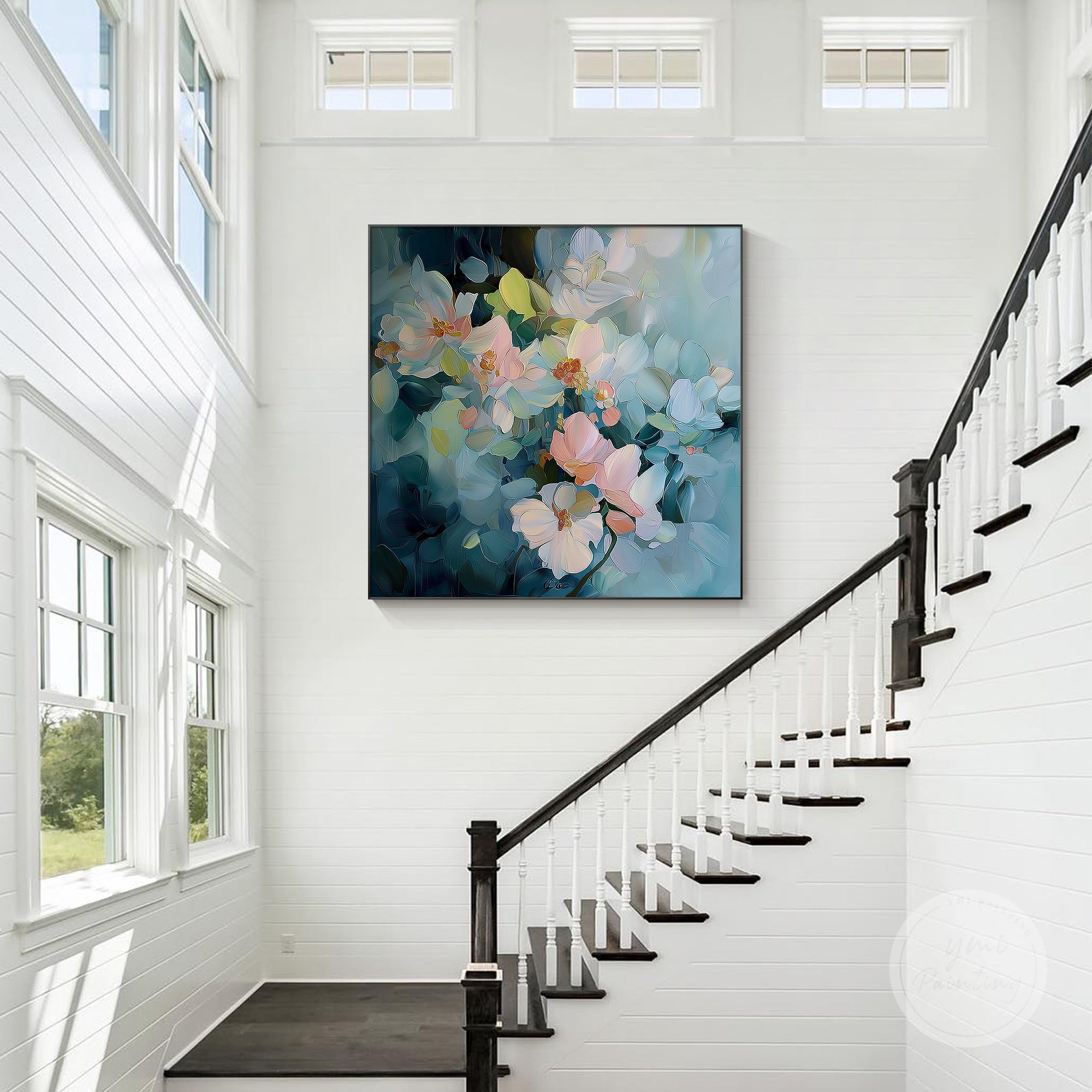 Soft blue and pink floral painting, perfect for modern and serene bedroom or living room décor.