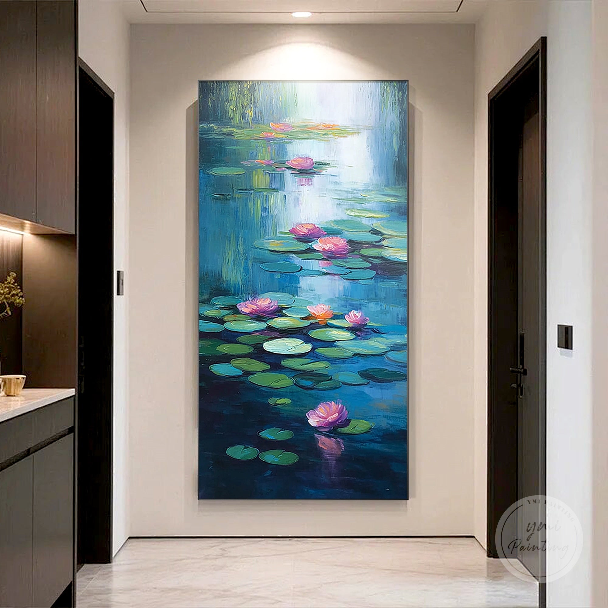 Lotus flower oil painting with delicate brushwork and soft reflections on water.