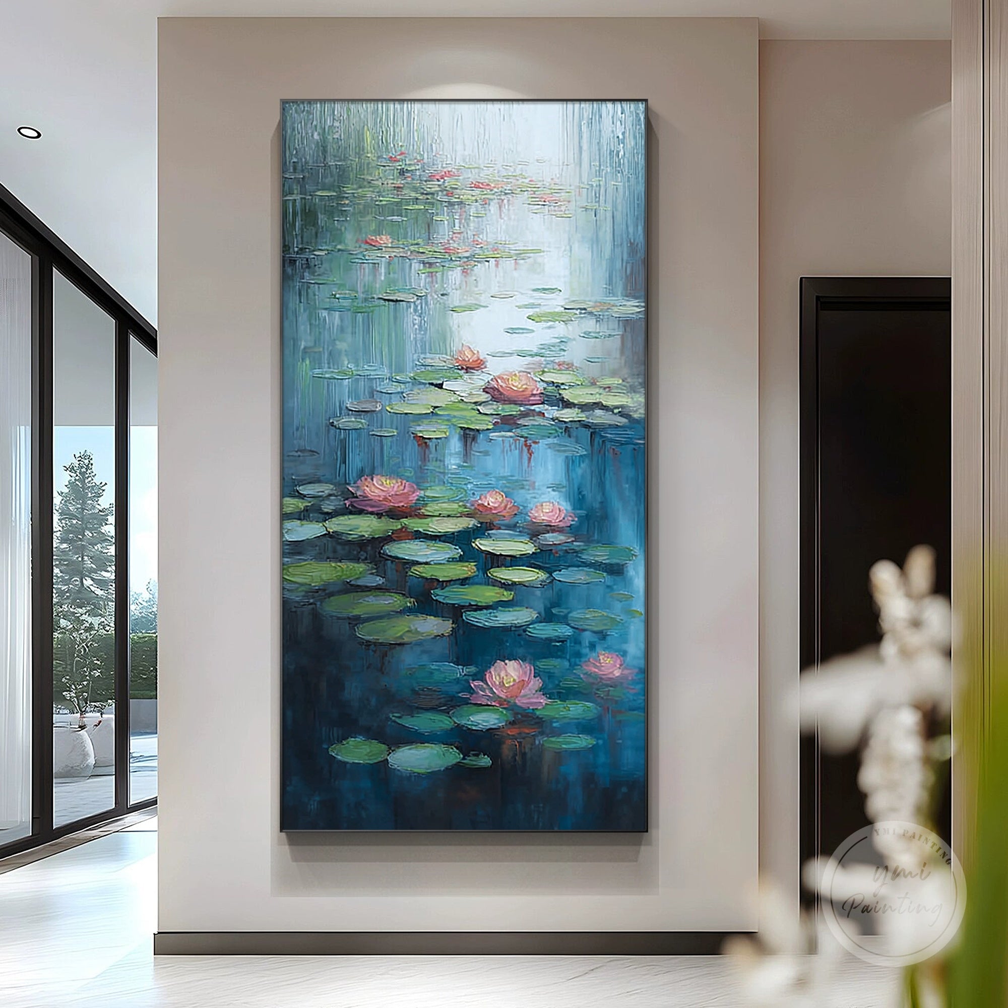 Monet-inspired large oil painting of lotus flowers, ideal for living room wall décor.