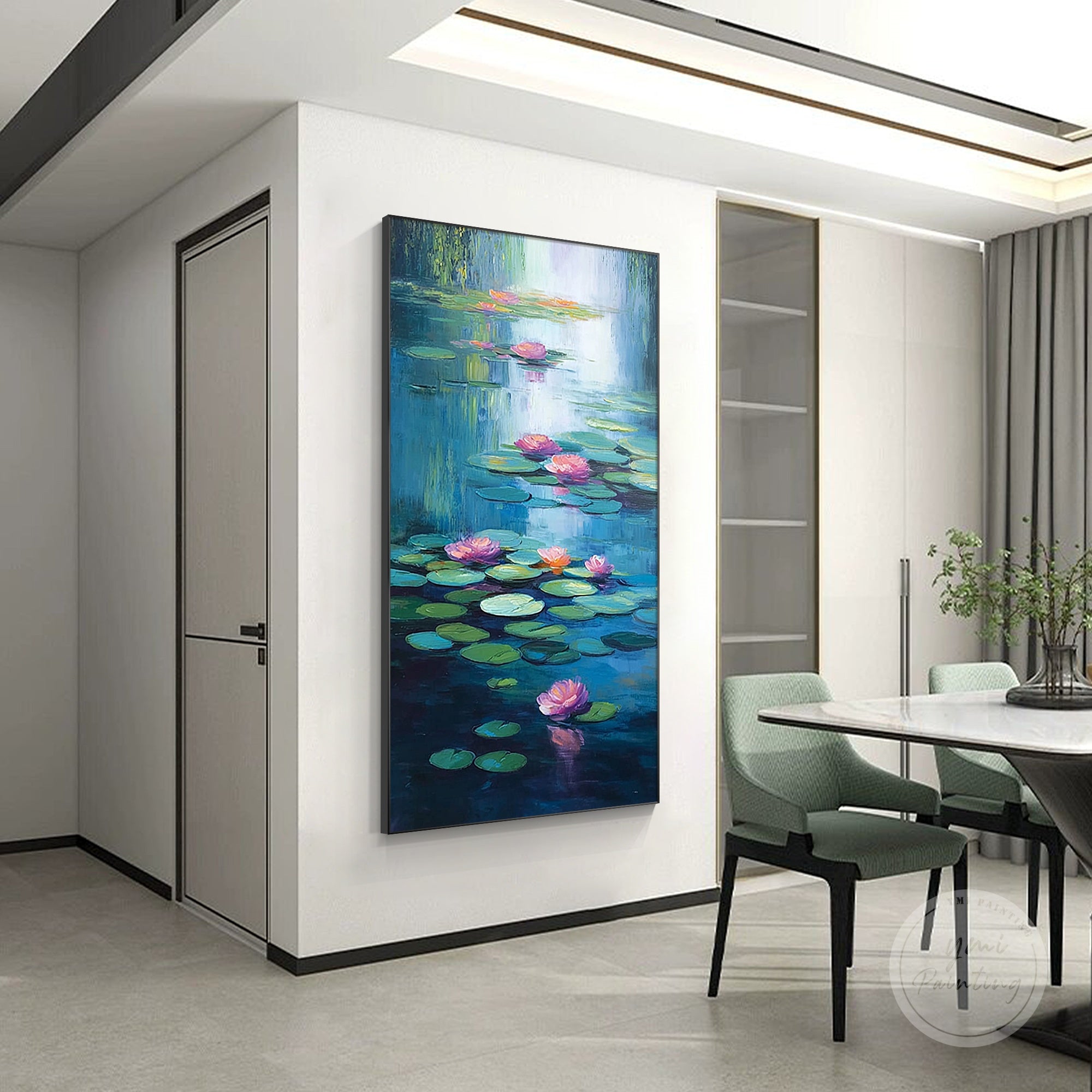 Water lily painting featuring tranquil lotus blooms in a serene pond setting.