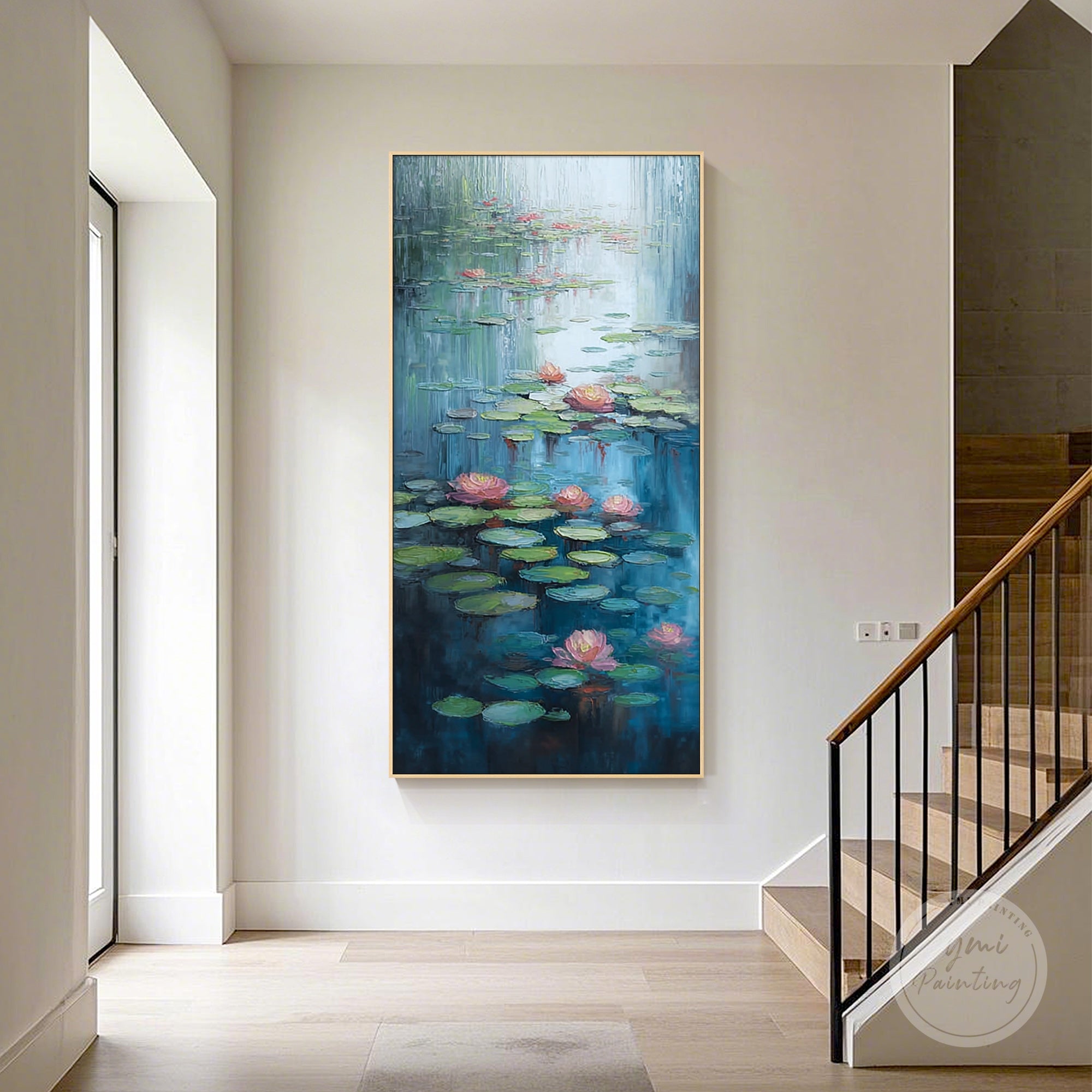 Water lily pond oil painting in vibrant hues, creating a calm and nature-filled atmosphere.