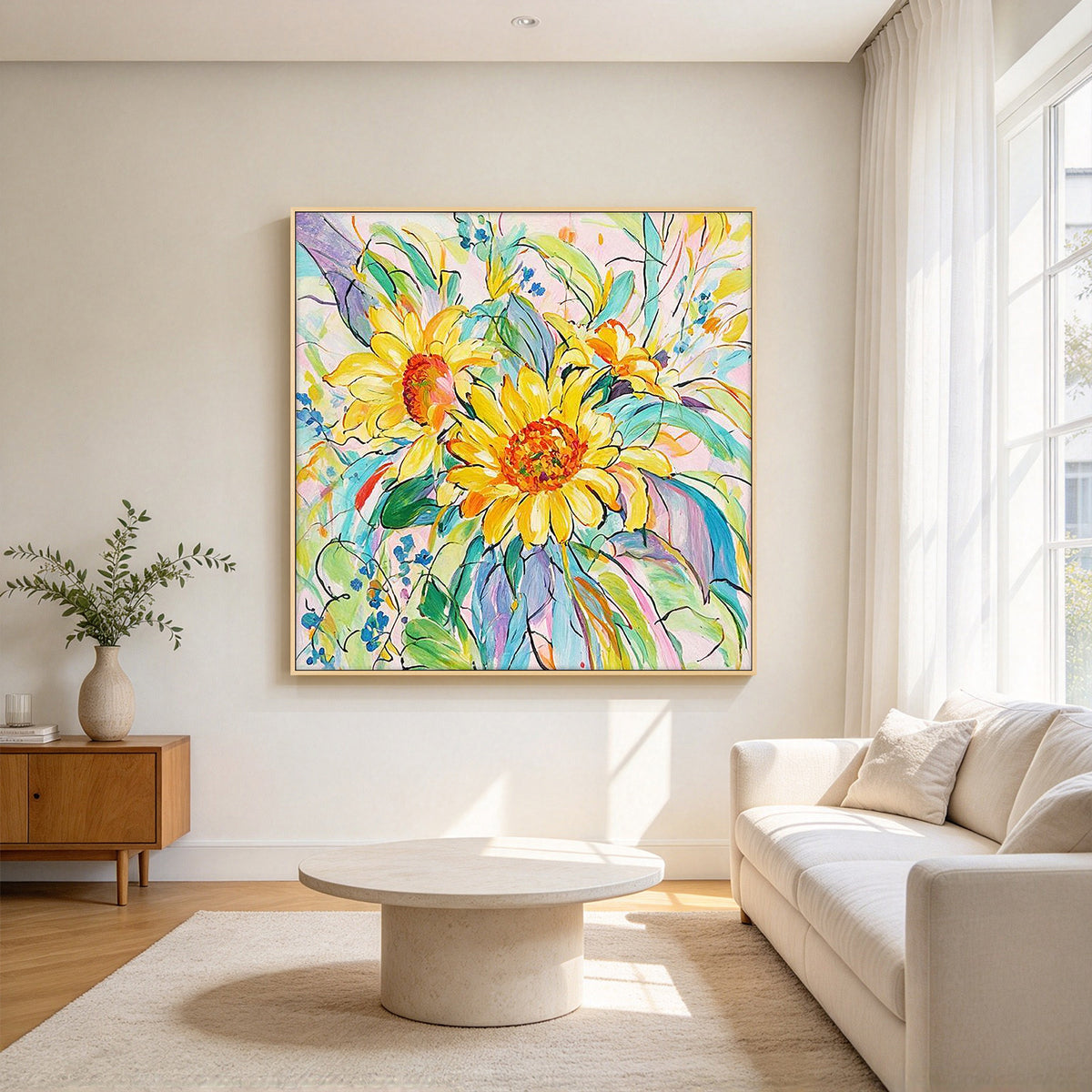 Modern abstract flower painting with expressive brush strokes and bright colors
