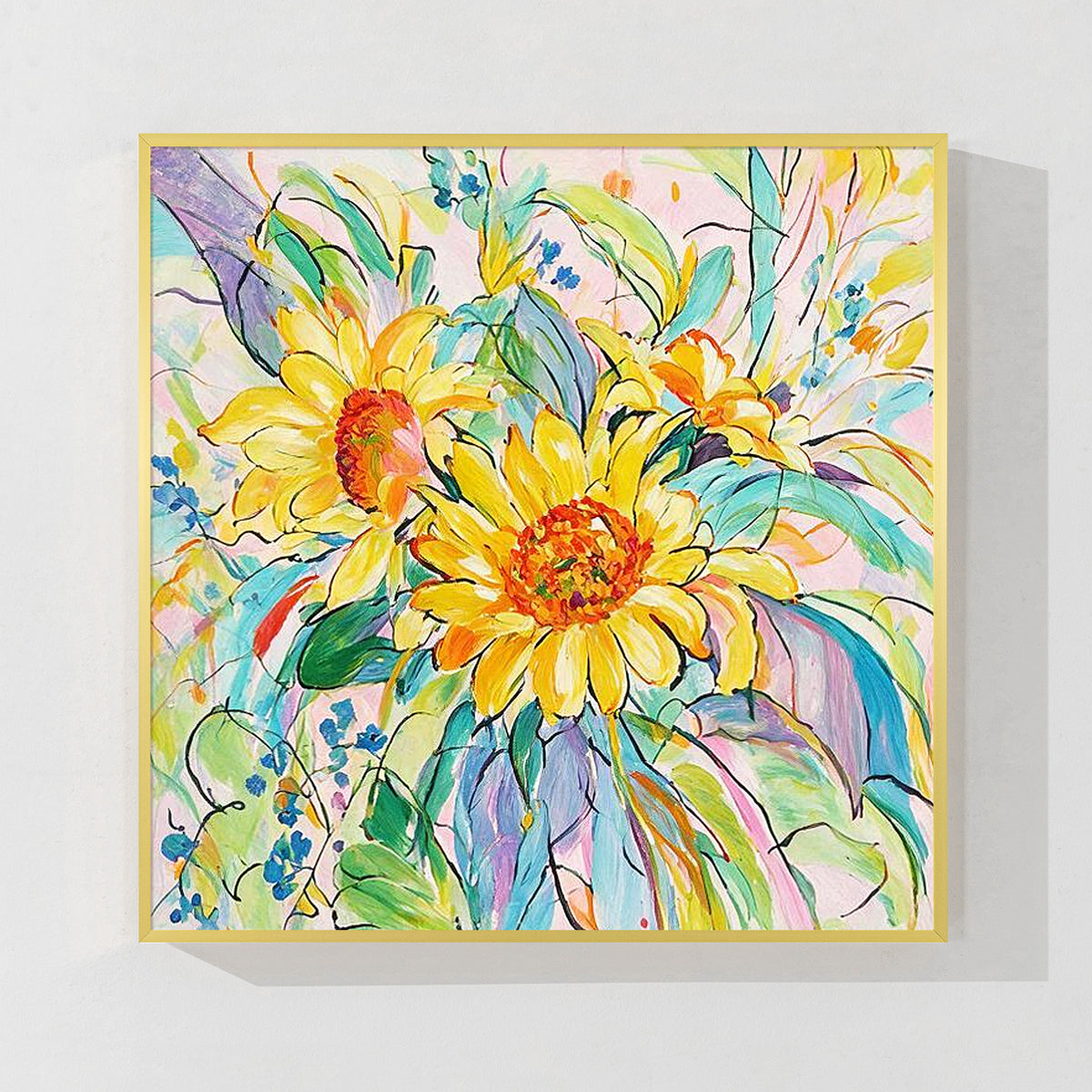 Colorful flower artwork with contemporary botanical composition and painterly texture