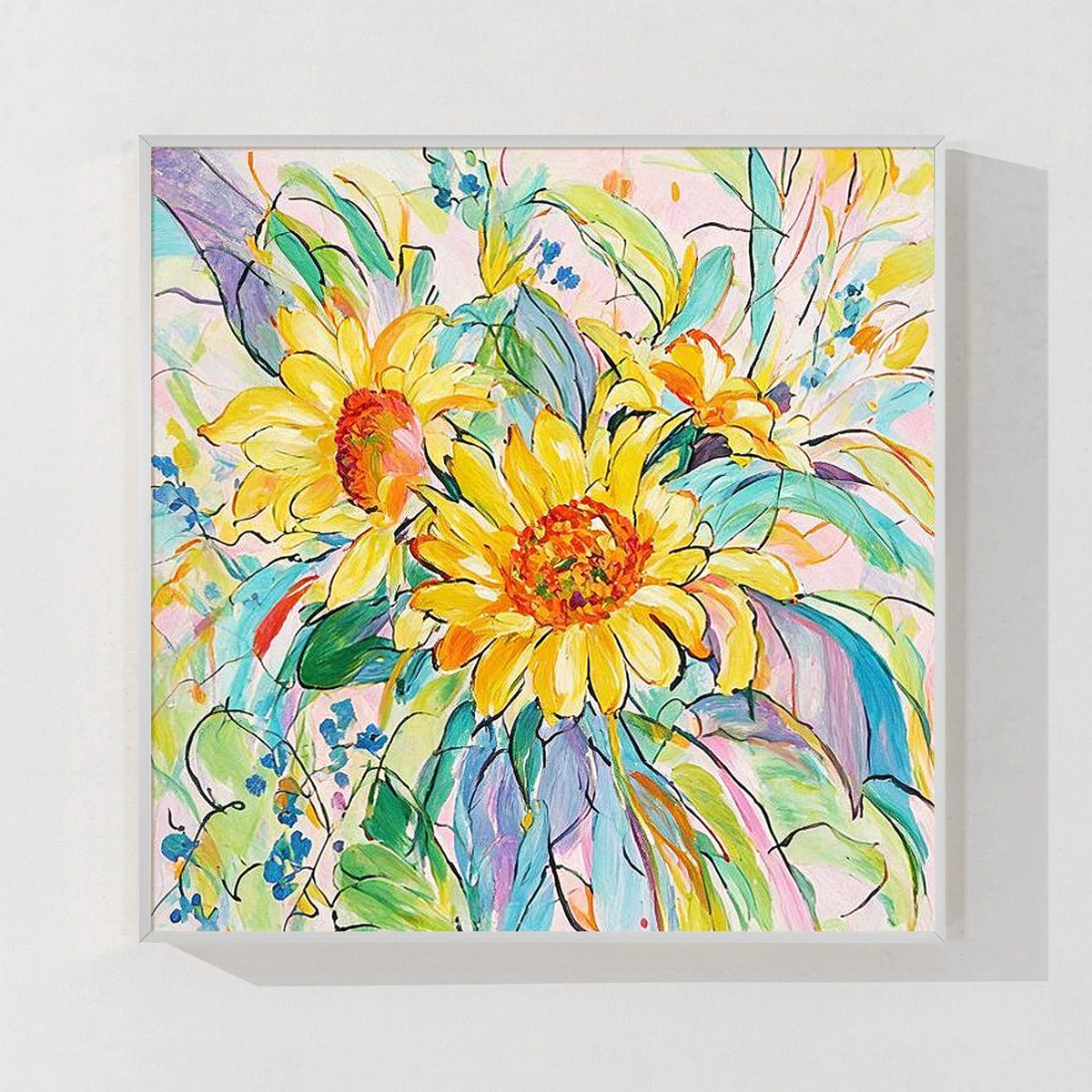 Colorful floral wall art featuring yellow flowers and vibrant botanical leaves
