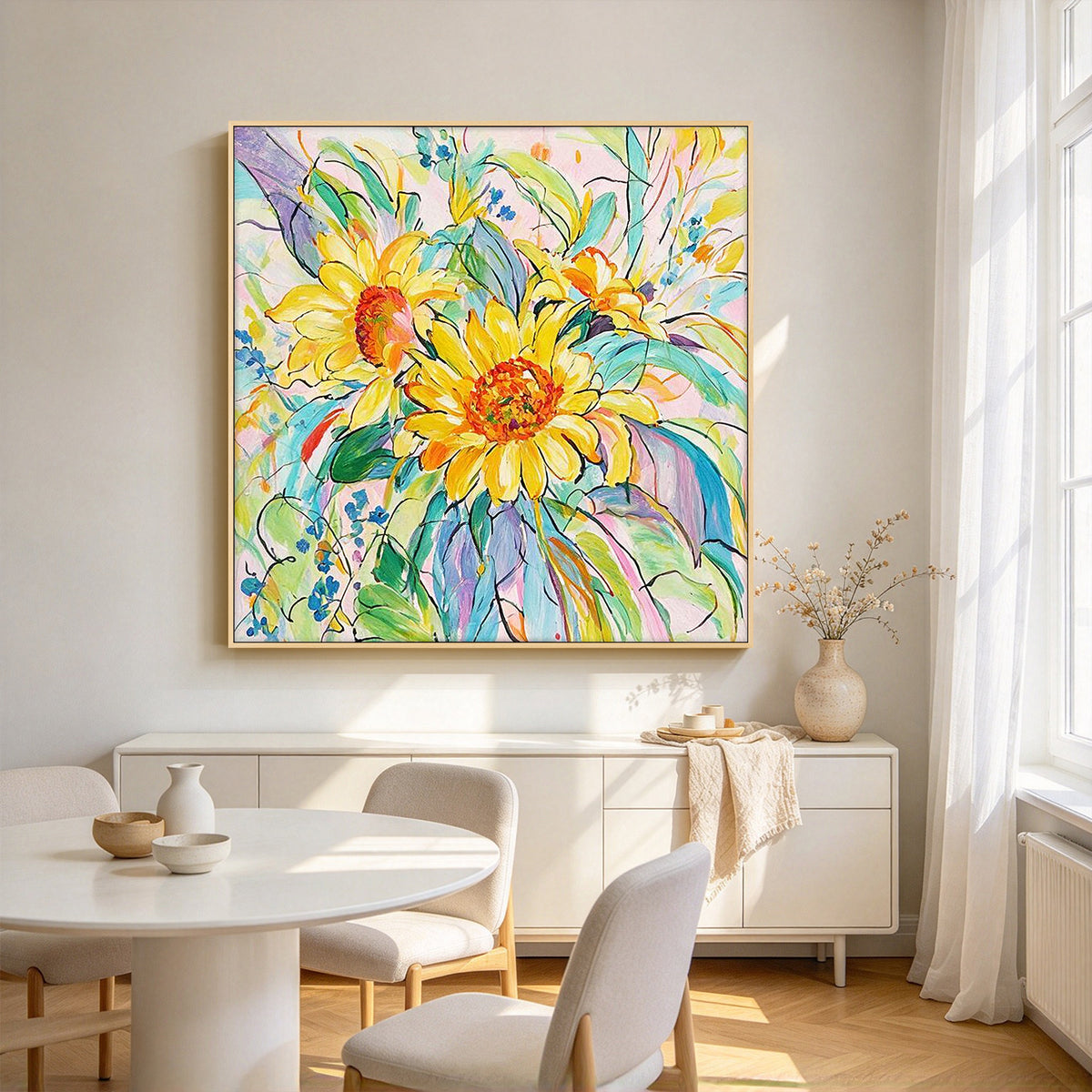 Contemporary botanical artwork with colorful blooms and layered floral forms