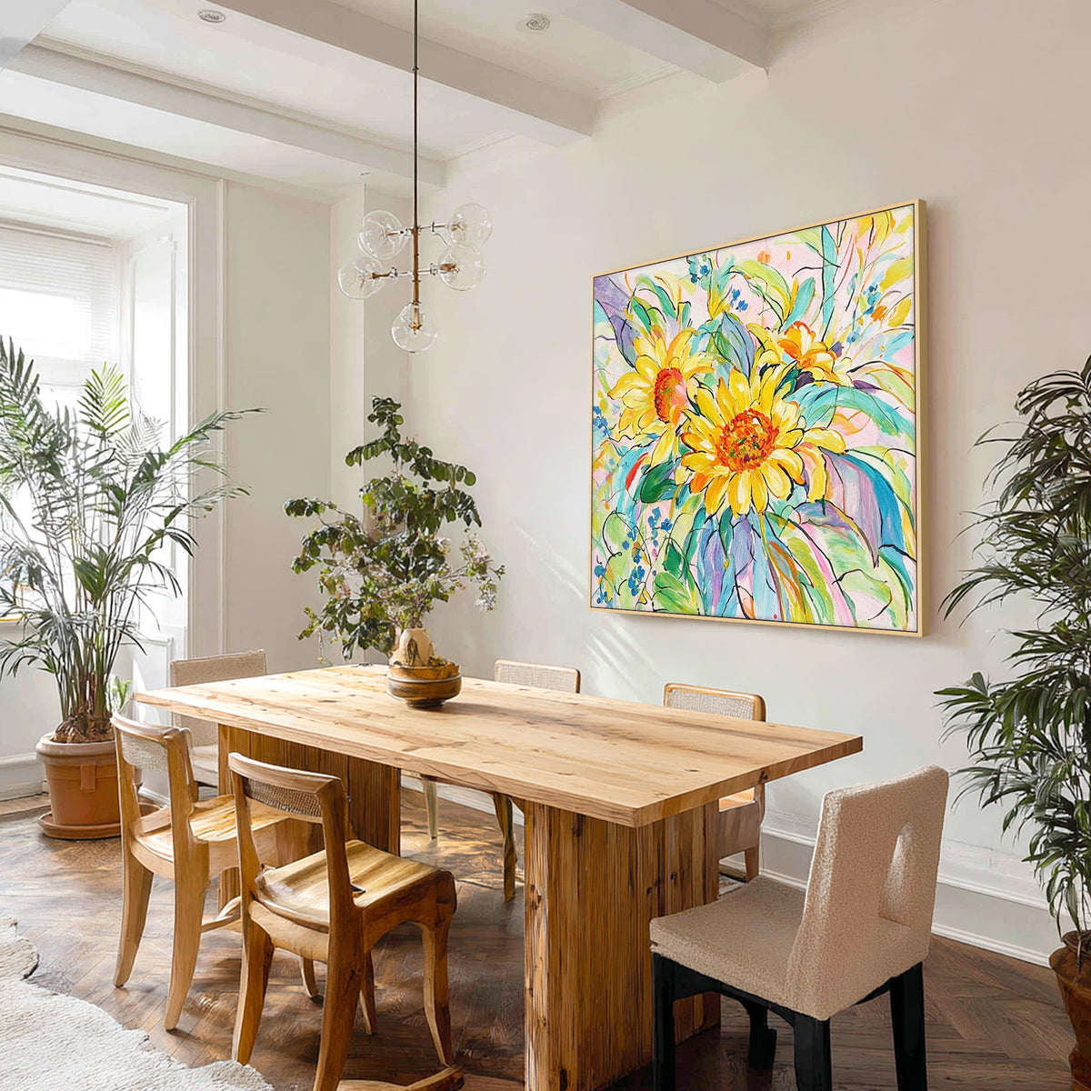 Bright floral canvas artwork inspired by modern garden landscapes
