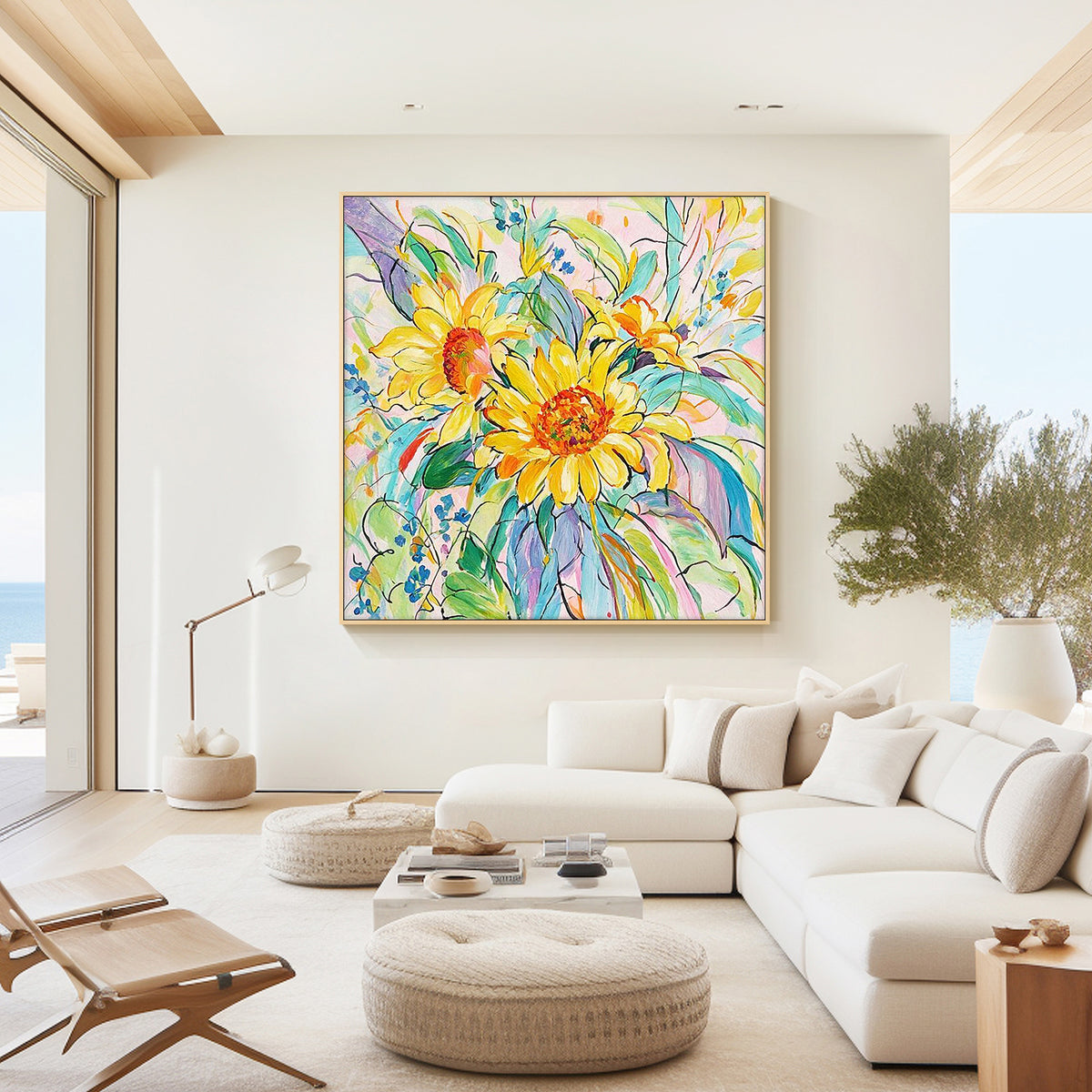 Abstract botanical painting with vibrant flowers and flowing organic shapes