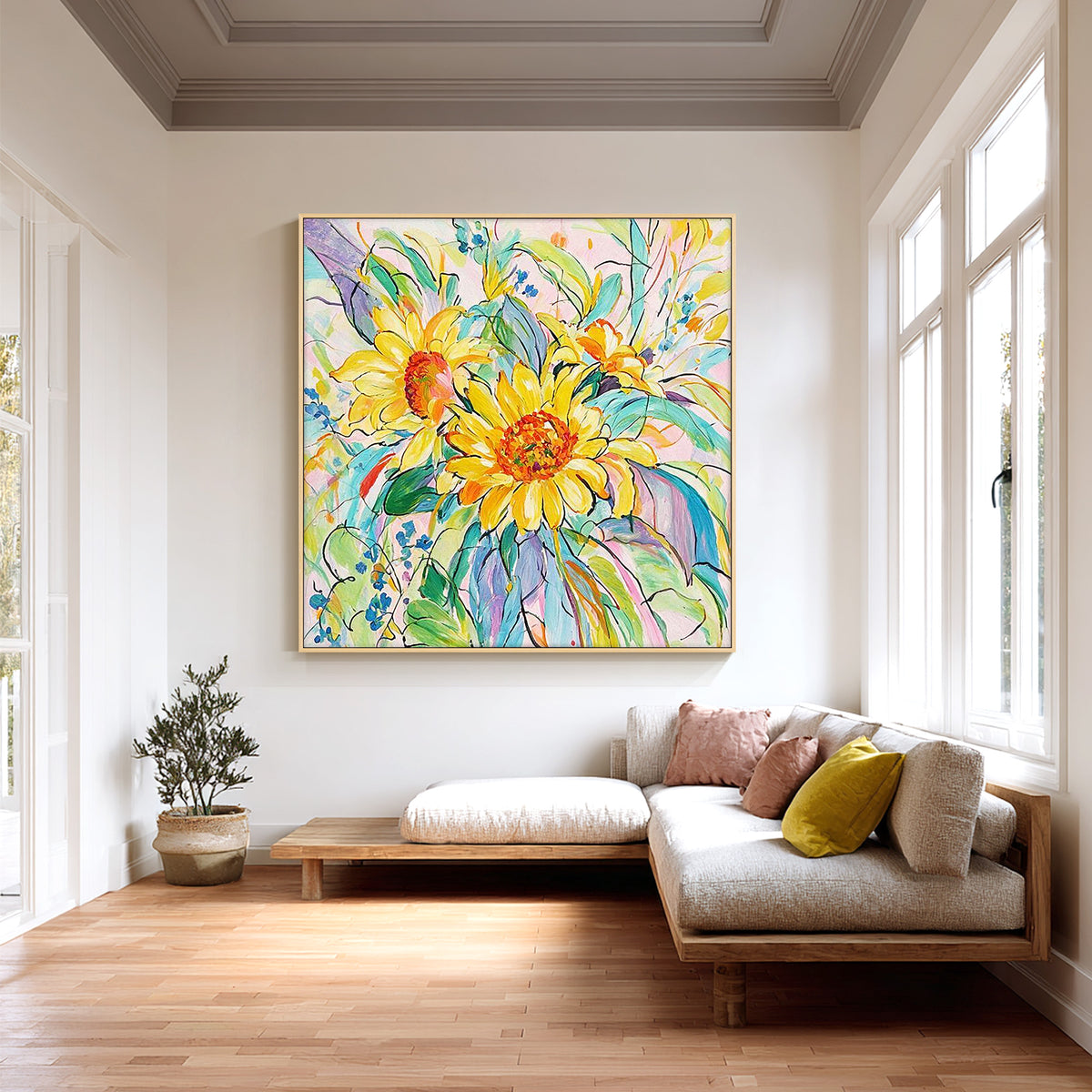 Yellow flower wall art with green leaves blue tones and abstract botanical details