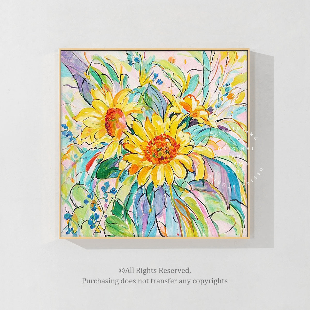 
Hand painted style botanical artwork with colorful flowers and leaves