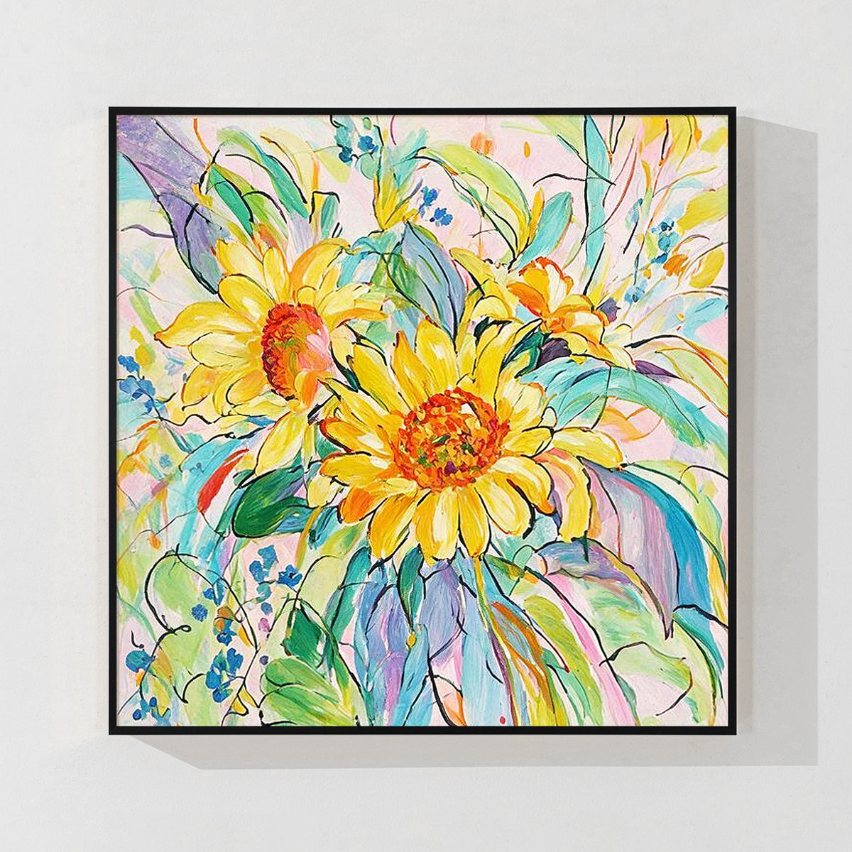 
Hand painted style botanical artwork with colorful flowers and leaves