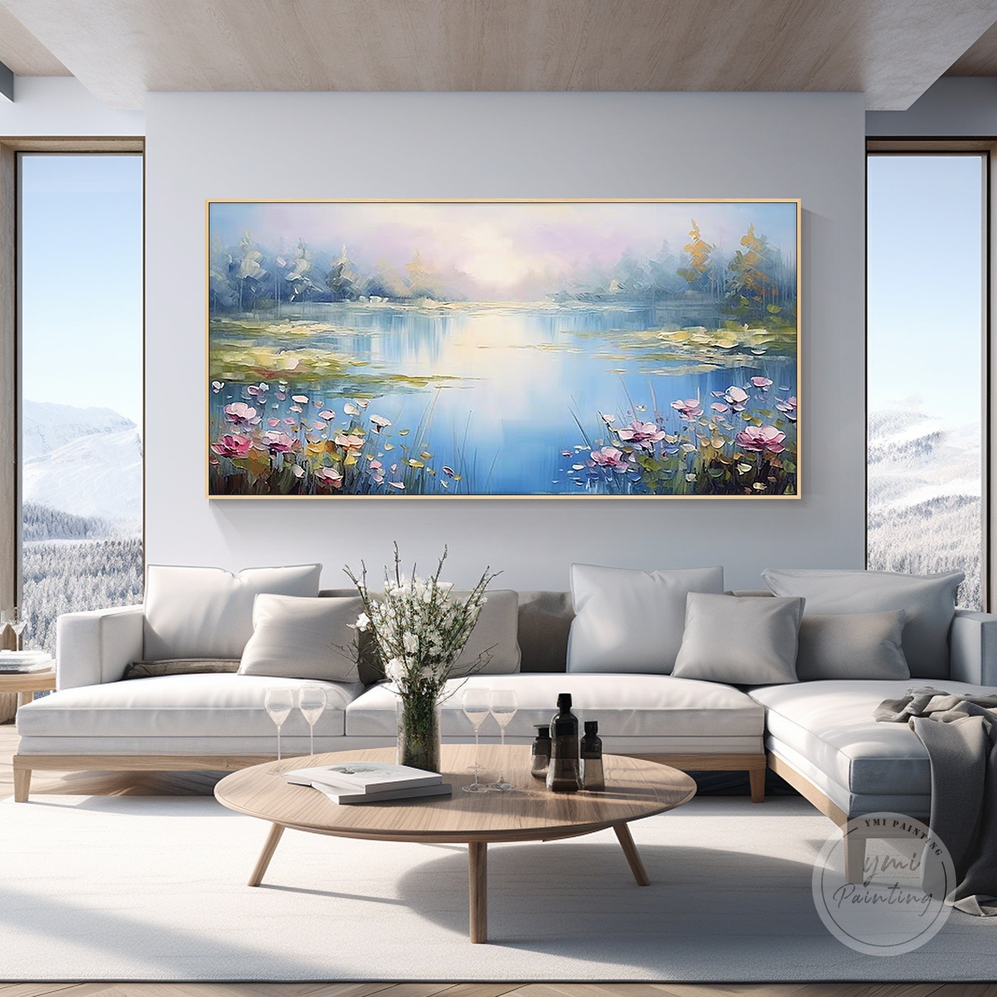 Monet inspired lotus flower wall art for living room decor