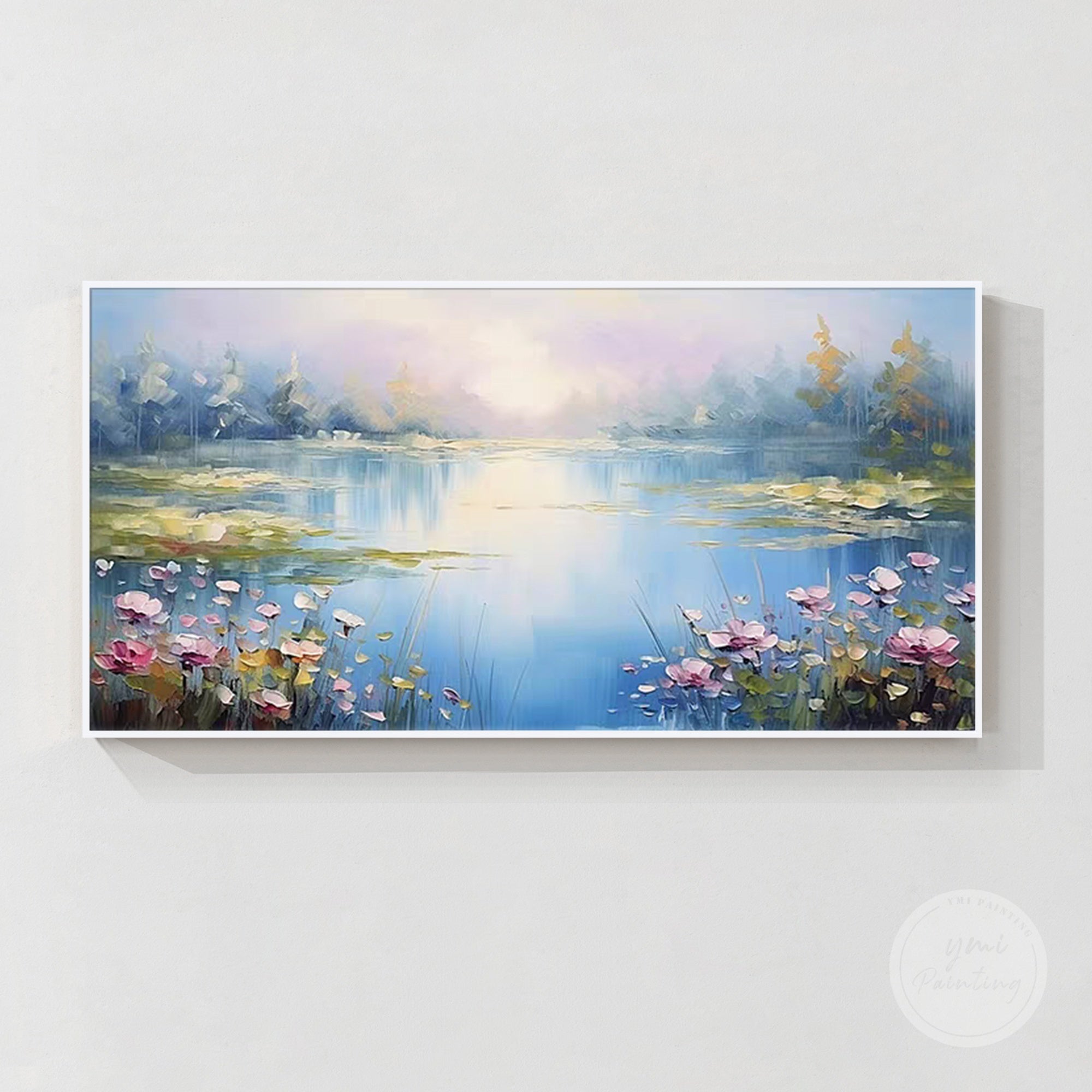 Monet lotus painting with blue lake and pastel sky tones