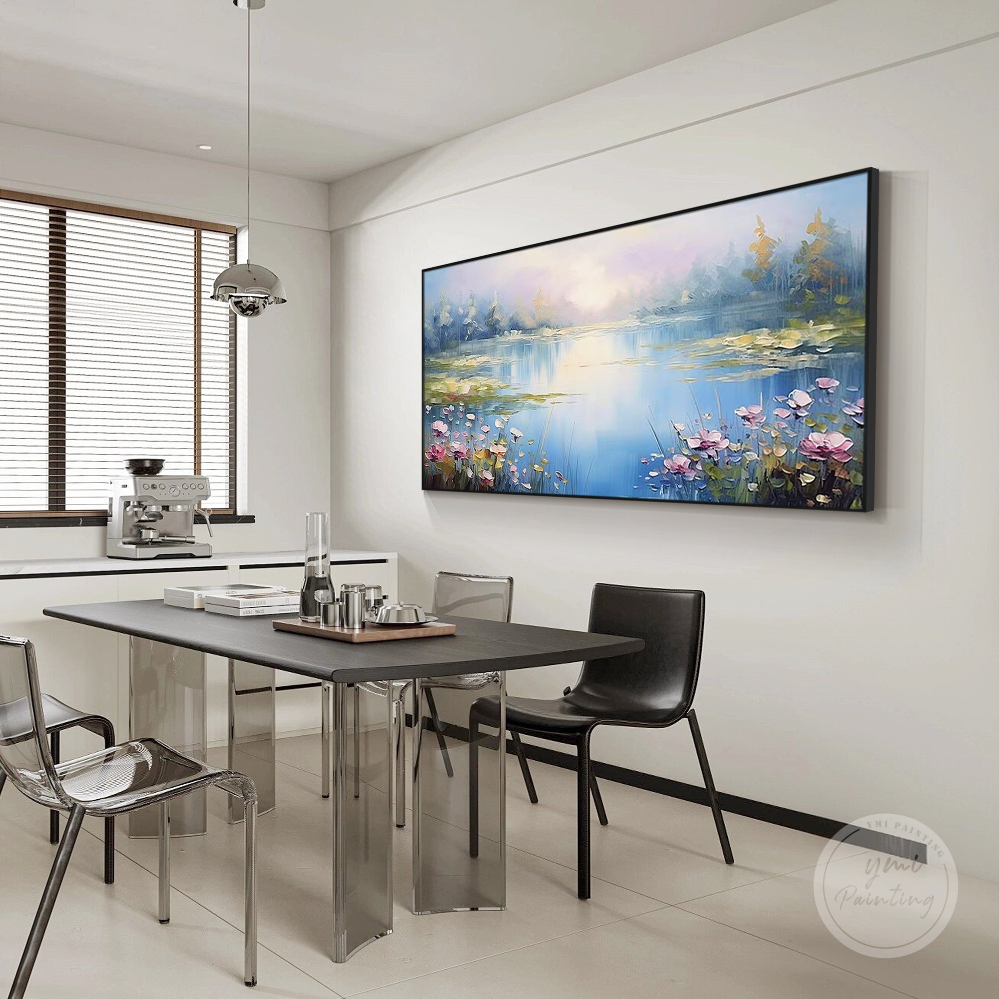 Pink lotus and green lotus leaves impressionist painting