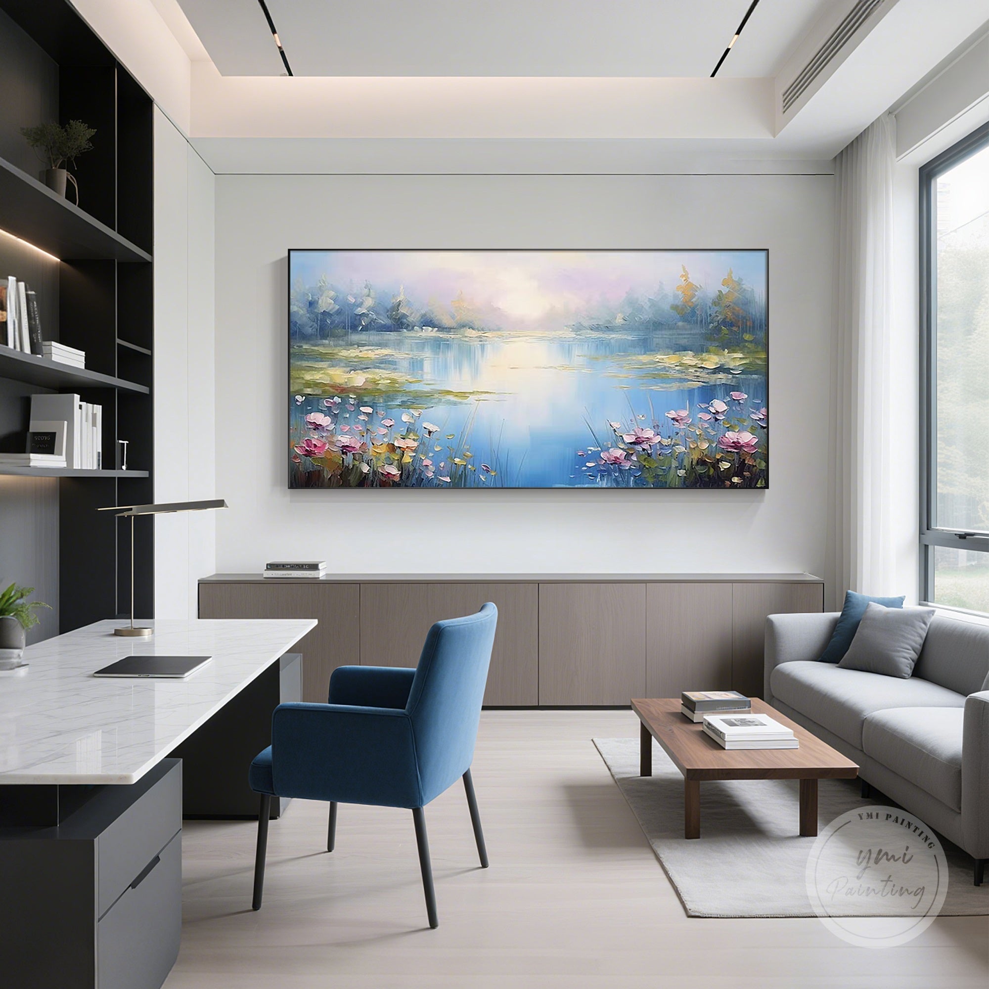 Blue lake landscape painting with water lilies and lotus blooms