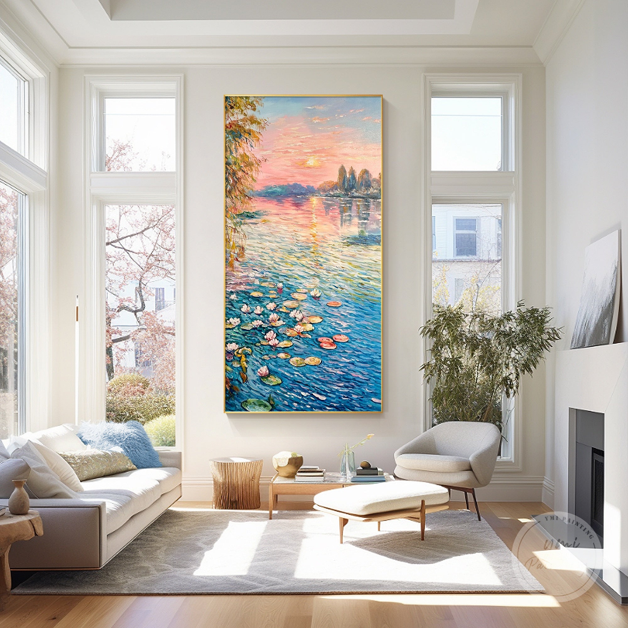 Lotus flower oil painting inspired by Monet’s impressionist style, capturing a peaceful sunrise.