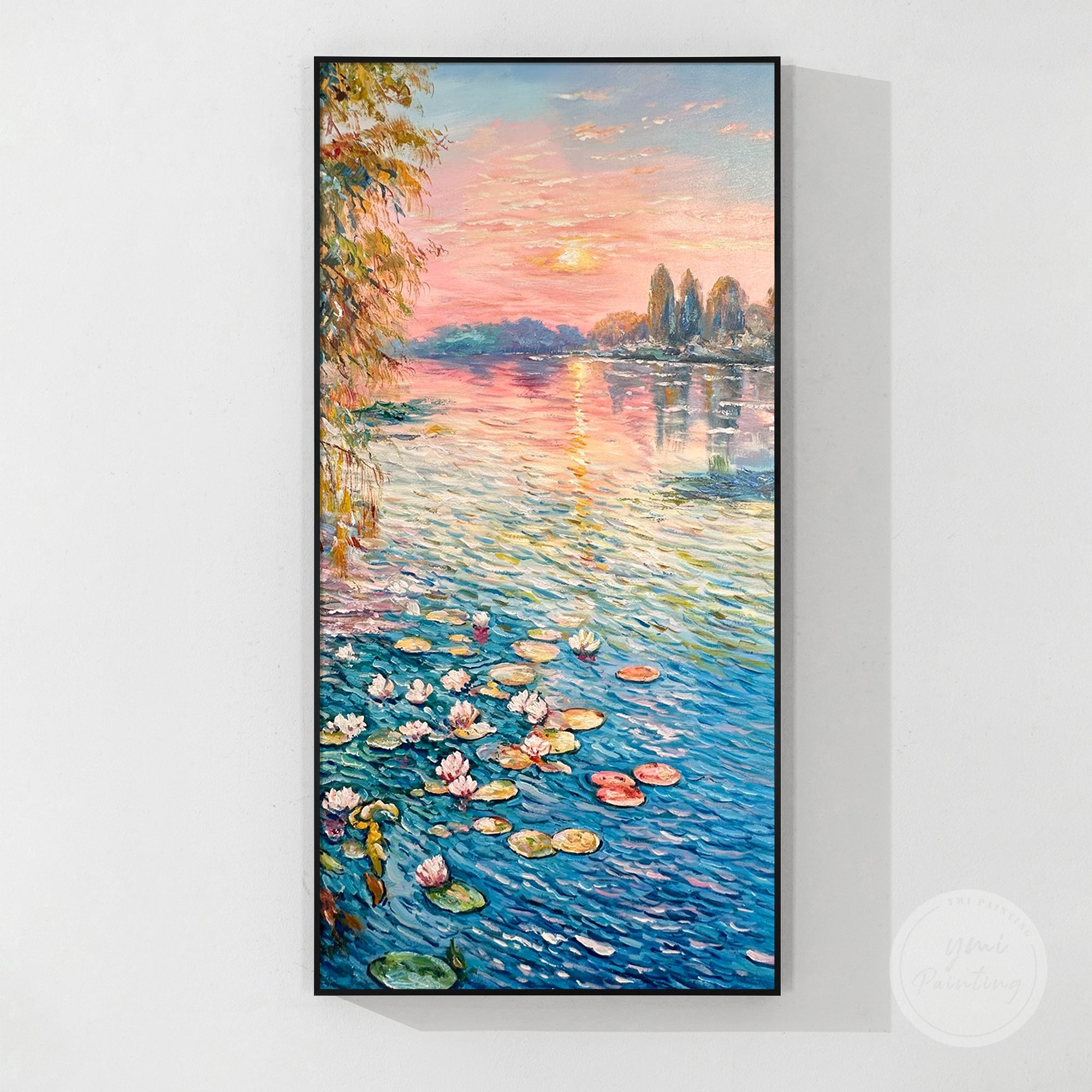 Original oil painting of a lotus pond at sunrise, with soft pink and orange hues blending together.