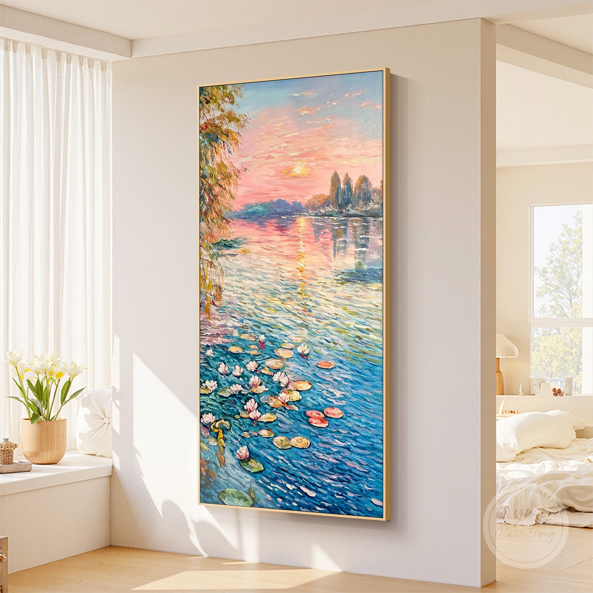 Monet-inspired sunrise sky and lotus flowers in soft, vibrant hues, creating a serene atmosphere.