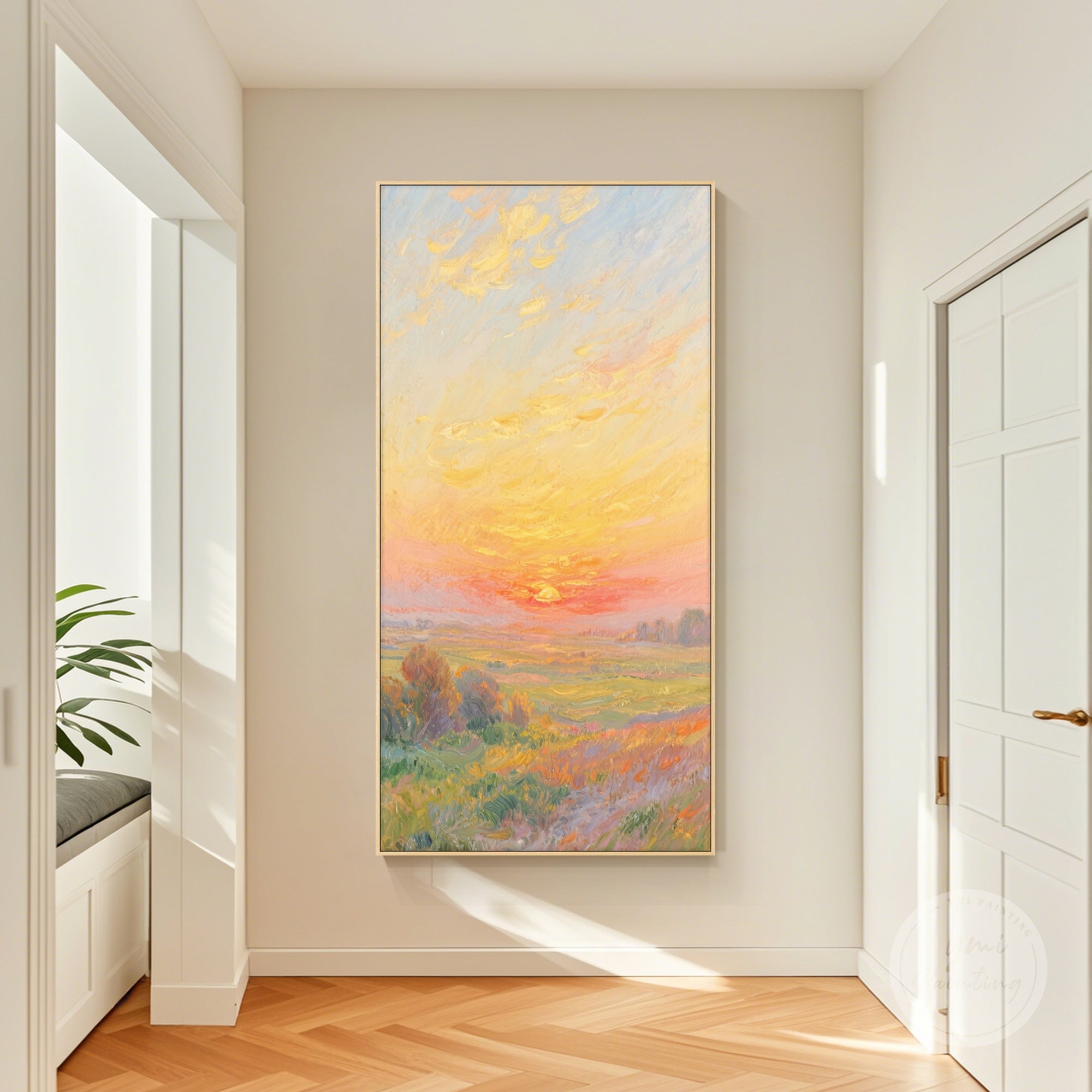 Warm-toned landscape art featuring a sunset sky in orange and yellow hues, perfect for living room décor.