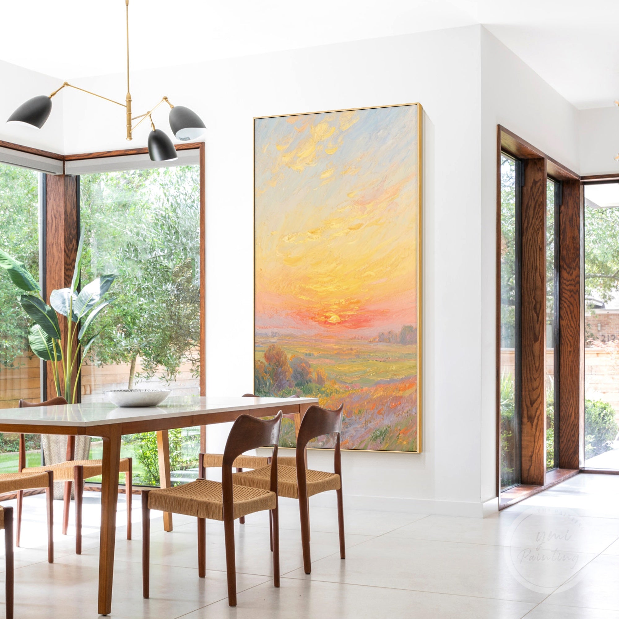 Vibrant impressionist sunset landscape, blending orange and yellow skies with the calm of rolling fields.