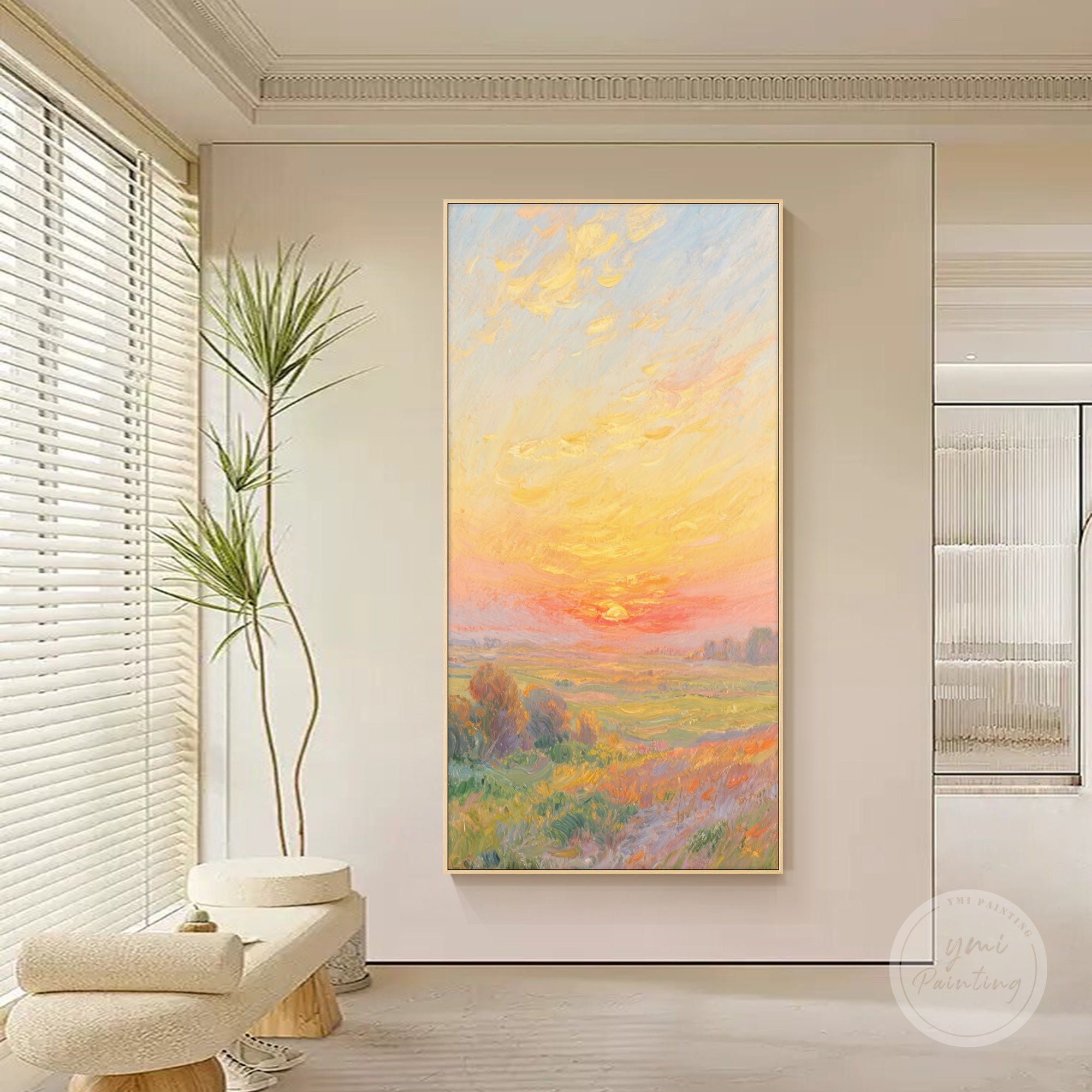Soft, glowing fields and a warm sunset sky in this handmade oil painting, evoking peace and serenity.