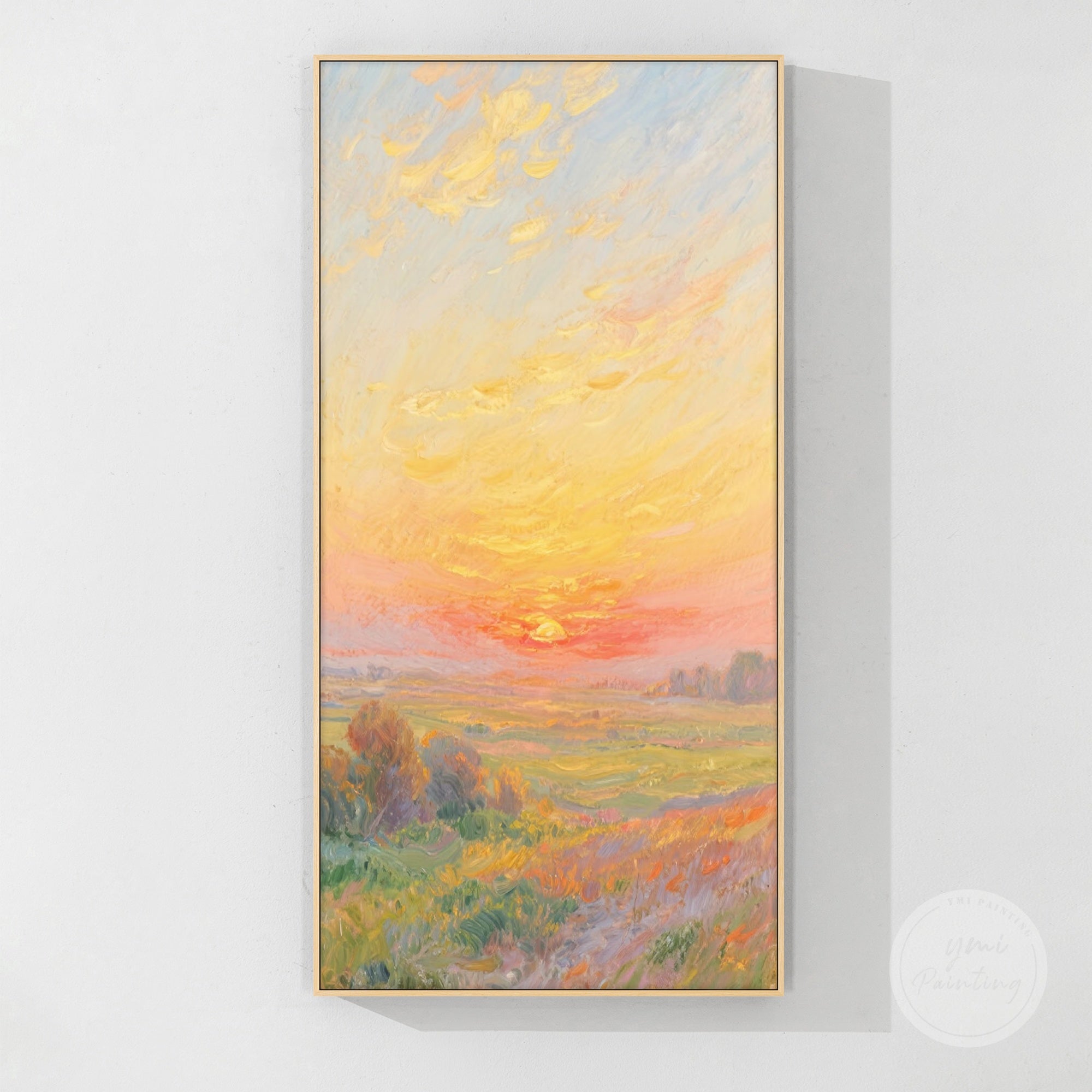 Hand-painted landscape art featuring a peaceful dusk scene with soft brushwork and rich warm hues.