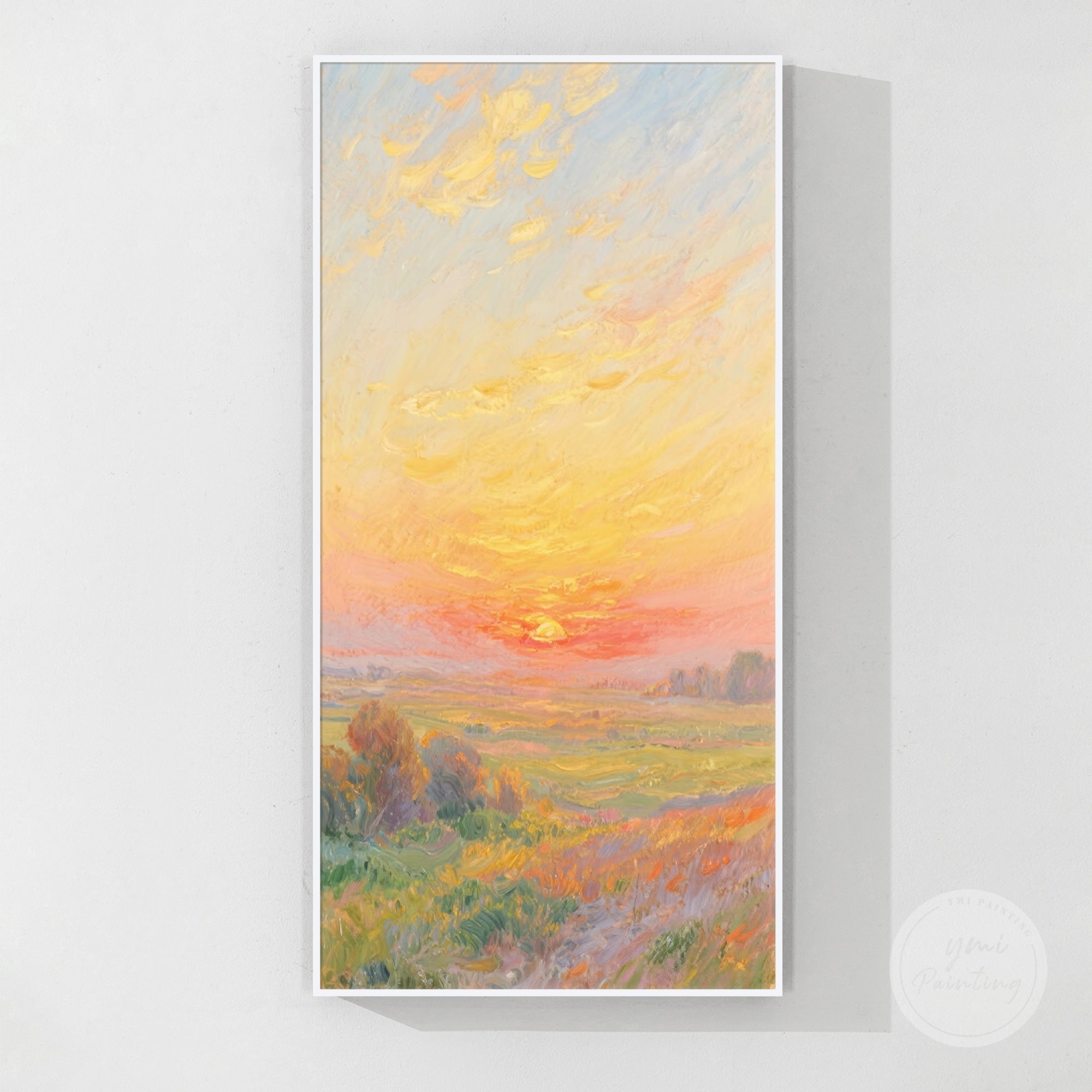 Impressionist-style countryside painting with bold brushstrokes, capturing the beauty of a warm evening.