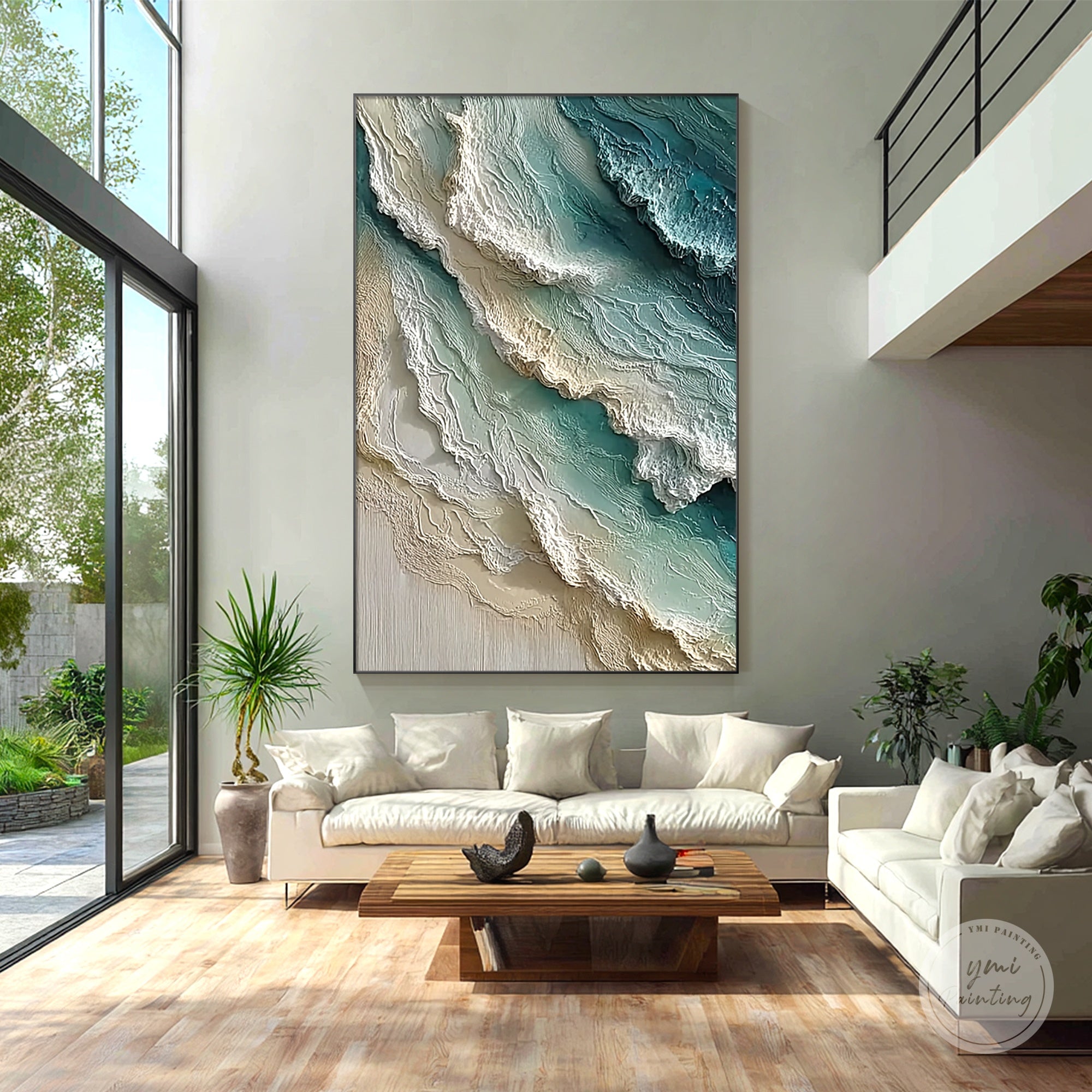 Textured seascape painting displayed in Scandinavian minimalist living room design