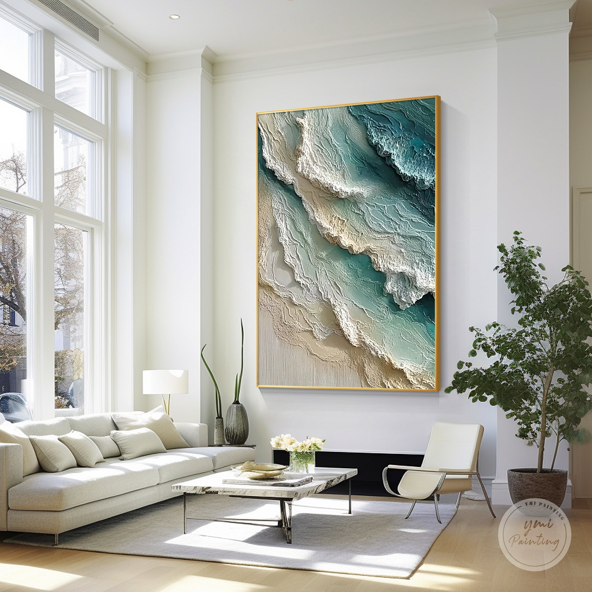 Abstract beach wall art displayed in stylish modern apartment living space